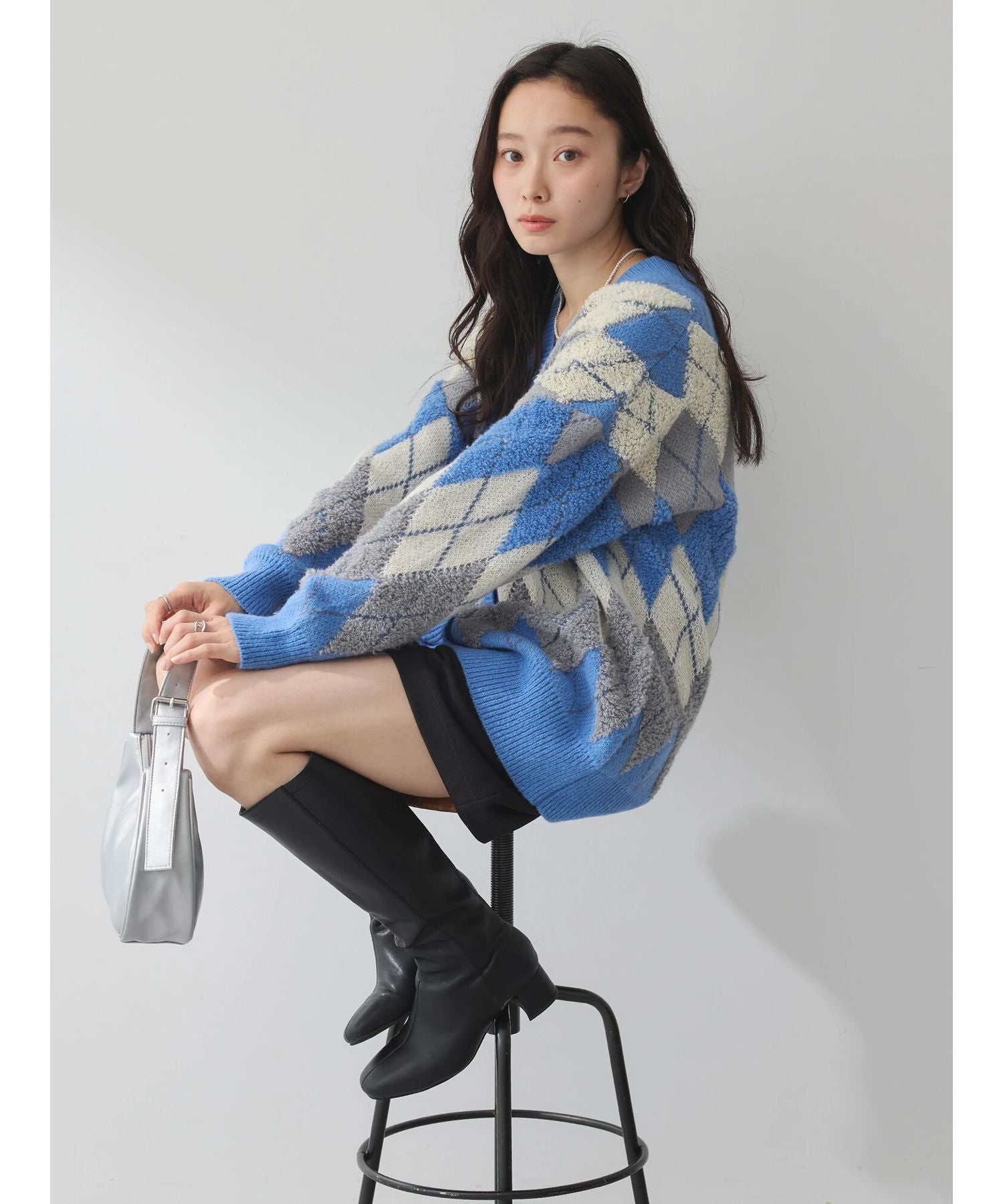 earth music&ecology loop knit argyle cardigan