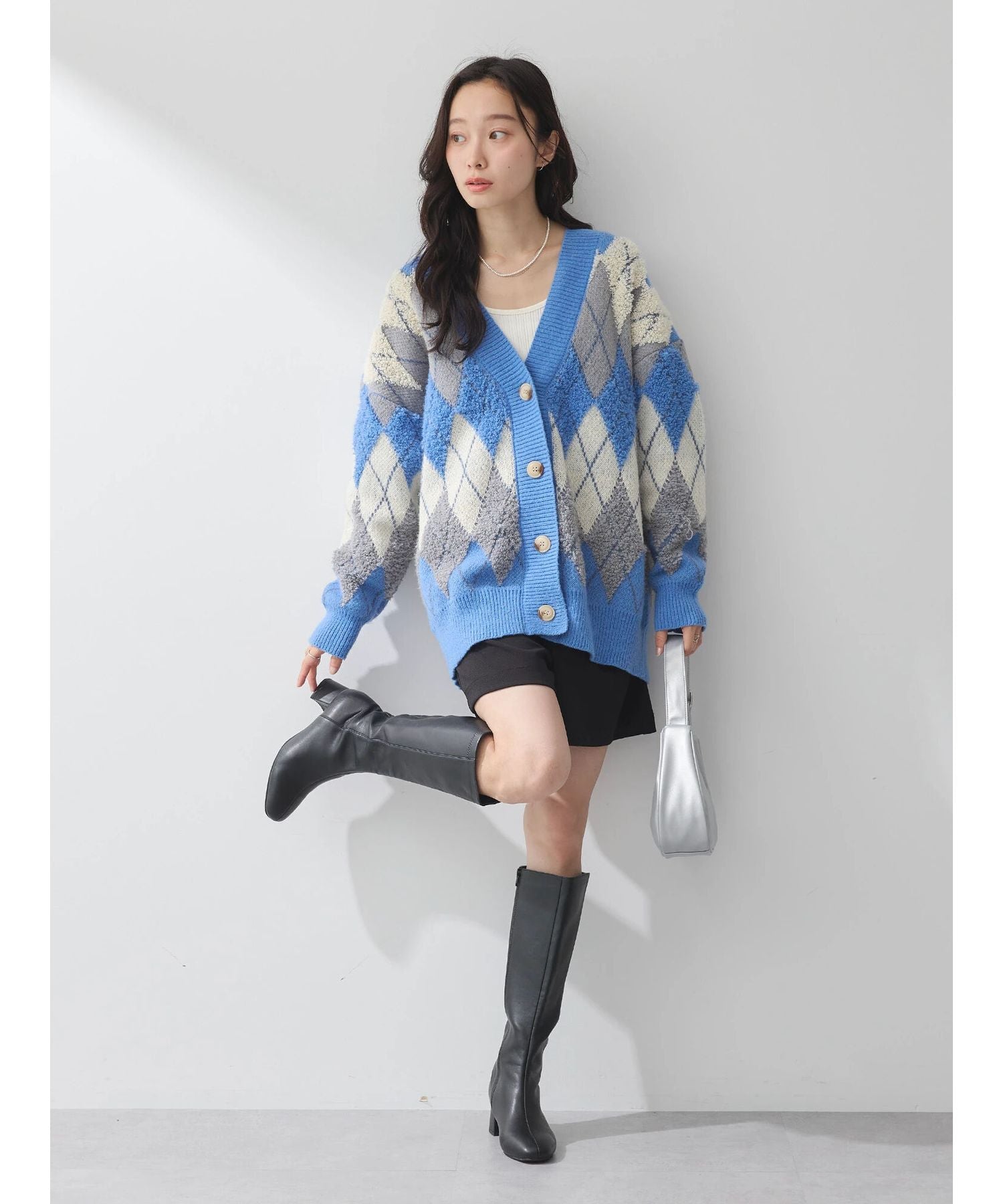 earth music&ecology loop knit argyle cardigan