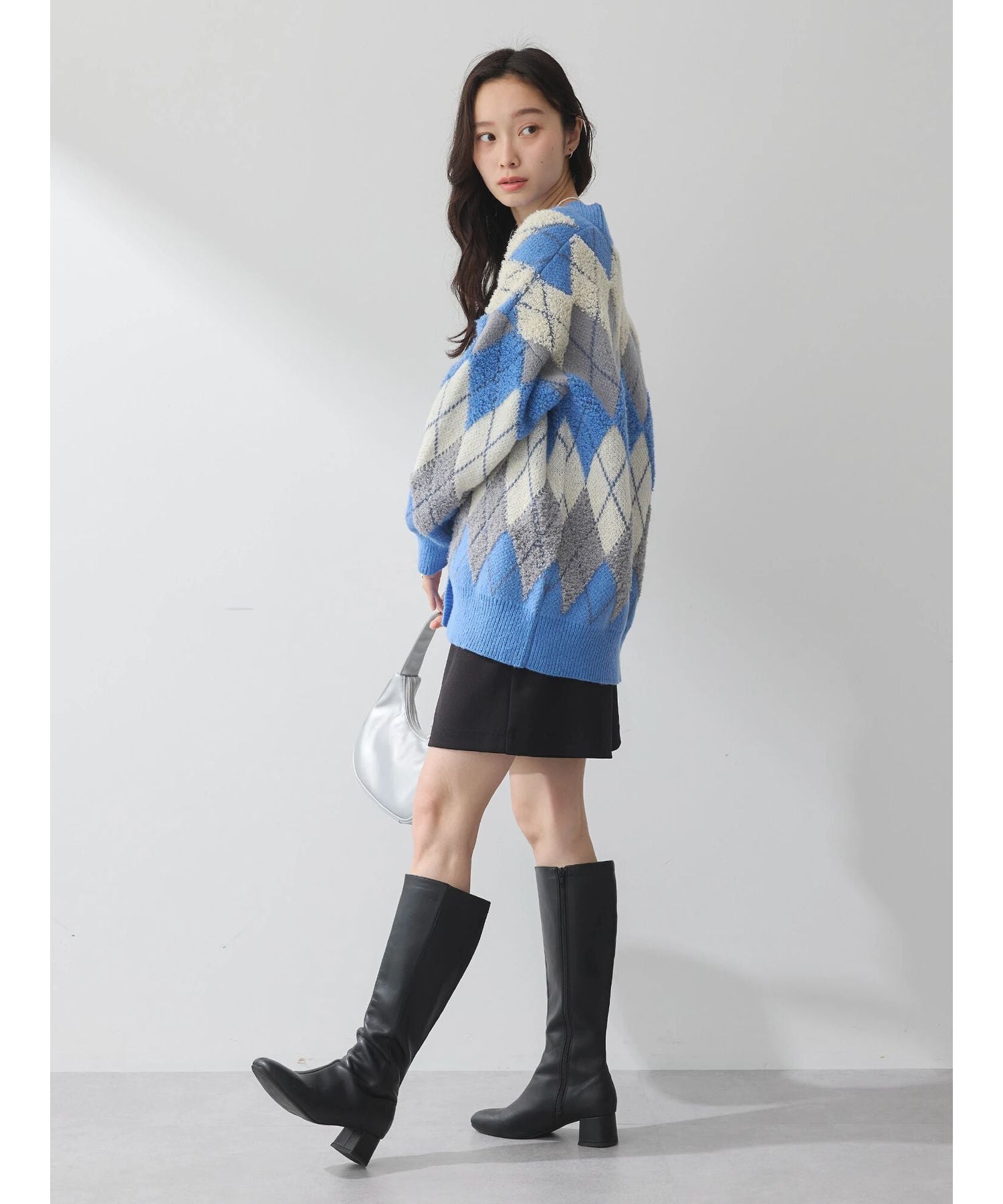 earth music&ecology loop knit argyle cardigan