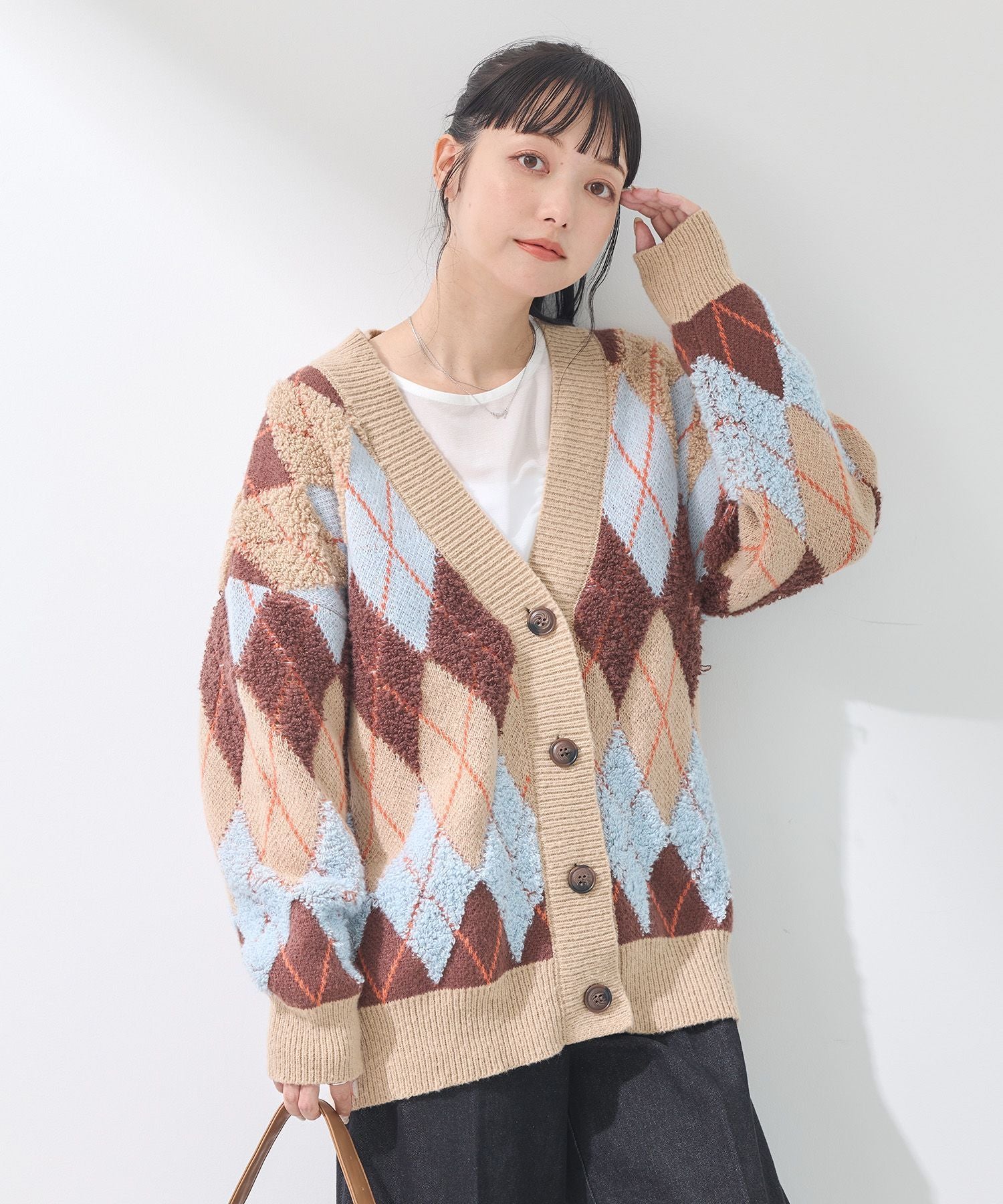 earth music&ecology loop knit argyle cardigan