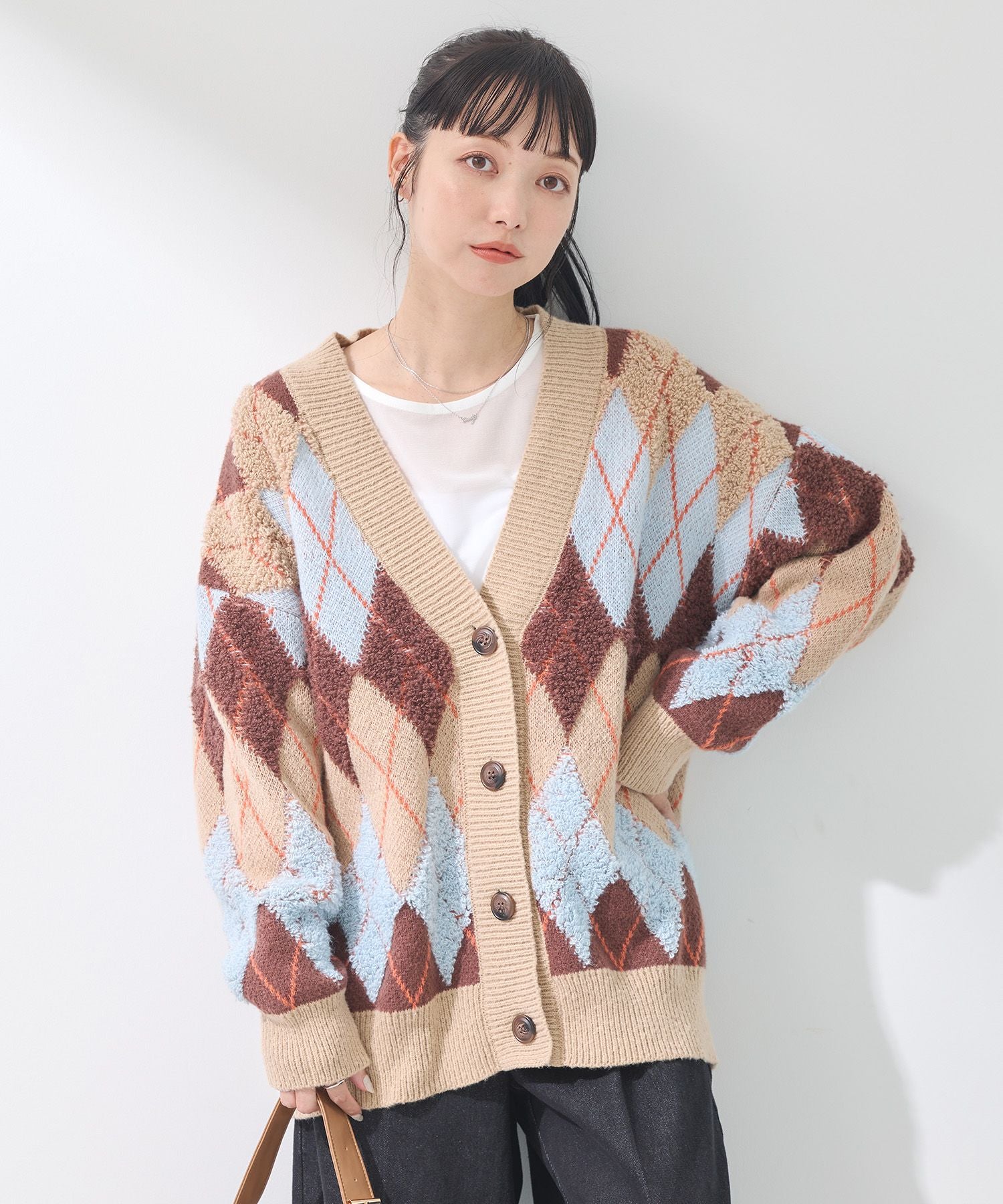 earth music&ecology loop knit argyle cardigan