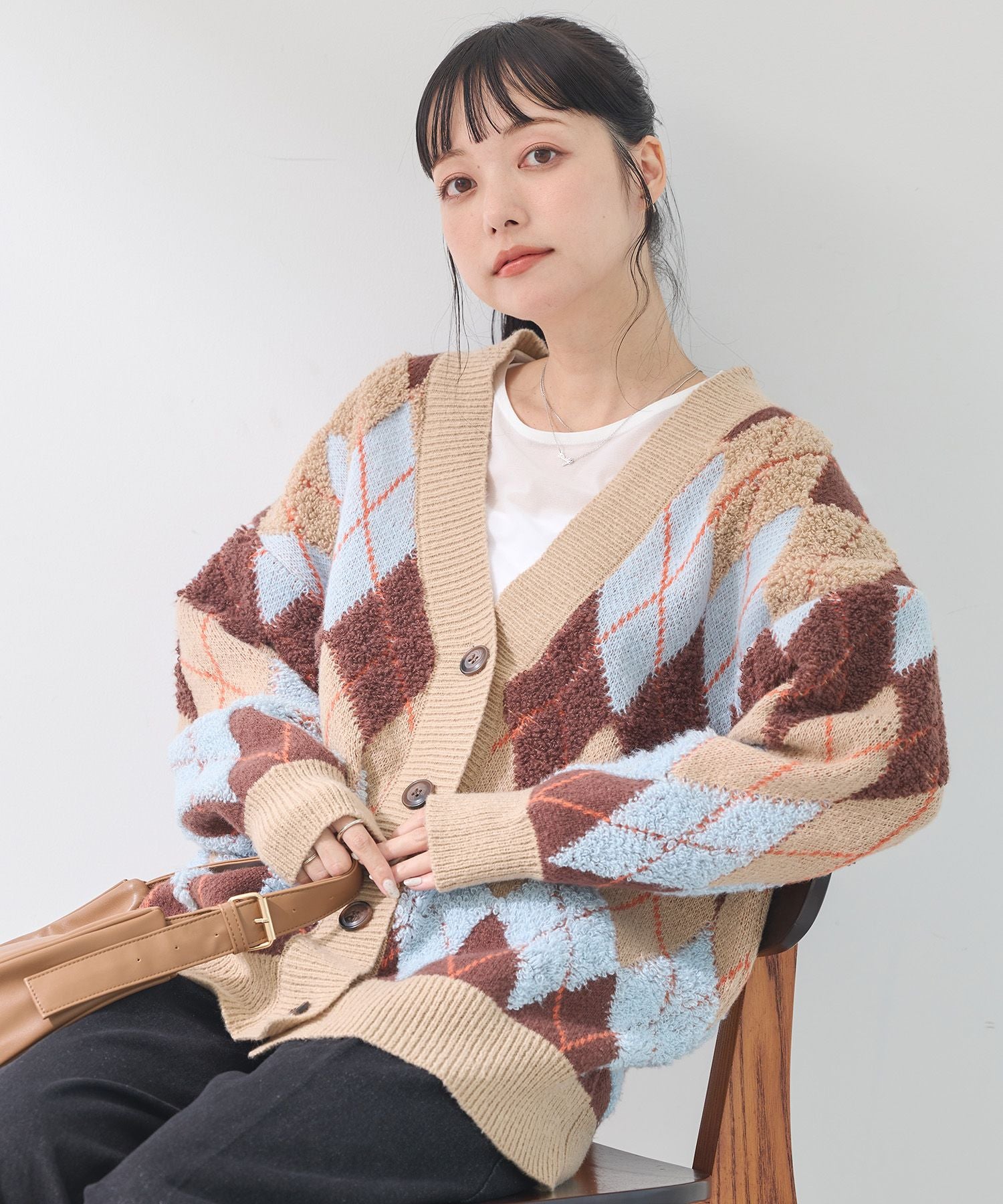 earth music&ecology loop knit argyle cardigan