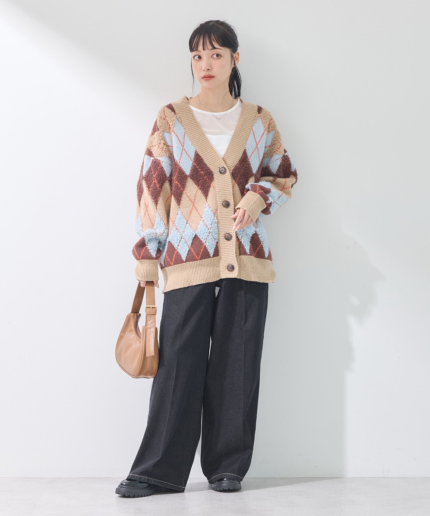 earth music&ecology loop knit argyle cardigan