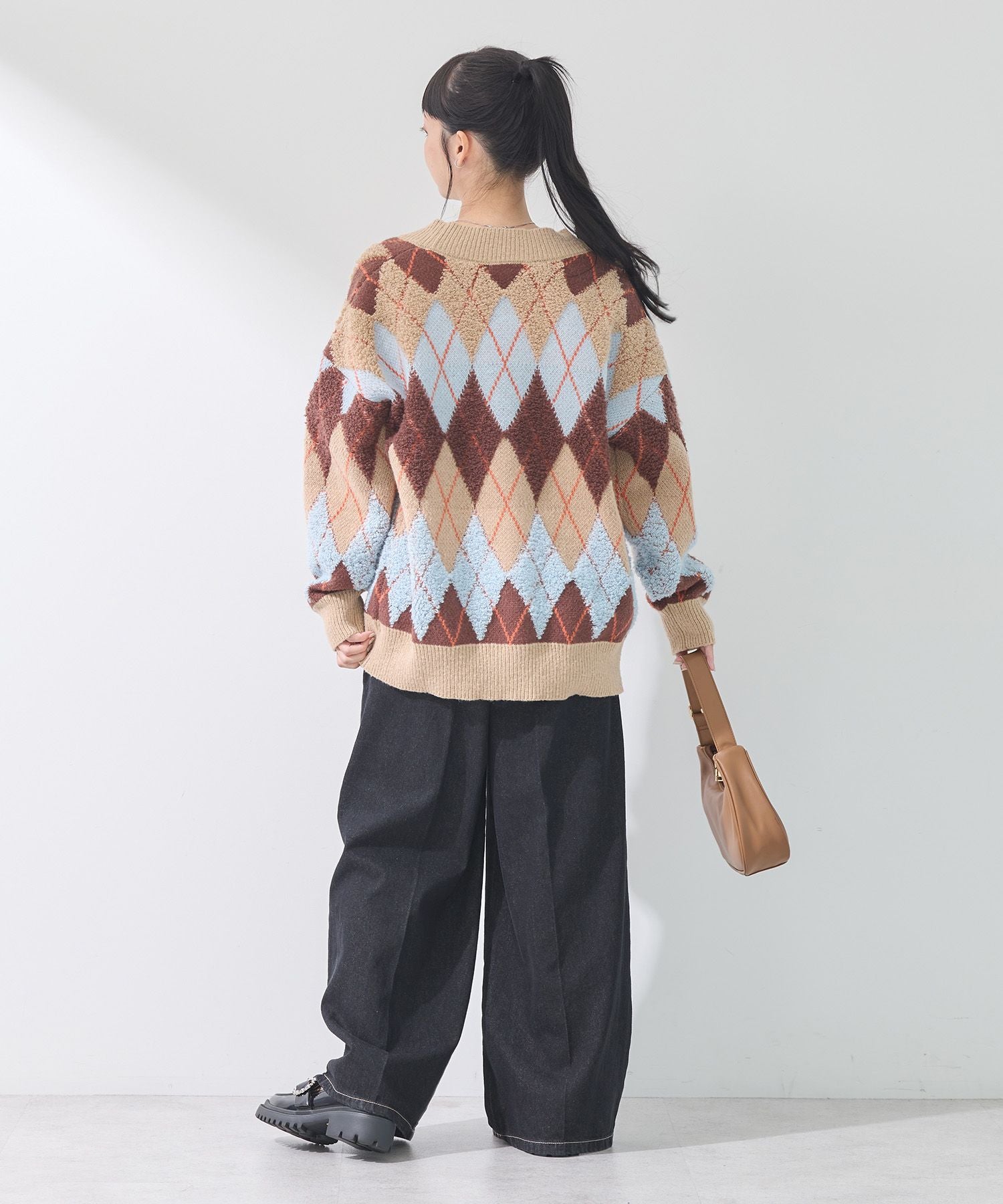 earth music&ecology loop knit argyle cardigan