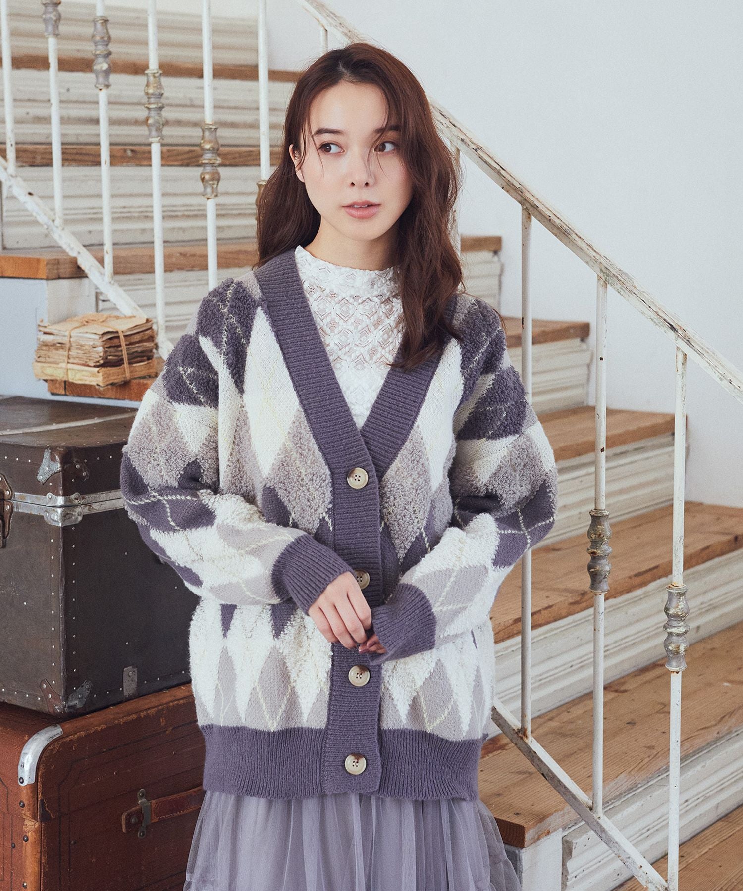 earth music&ecology loop knit argyle cardigan