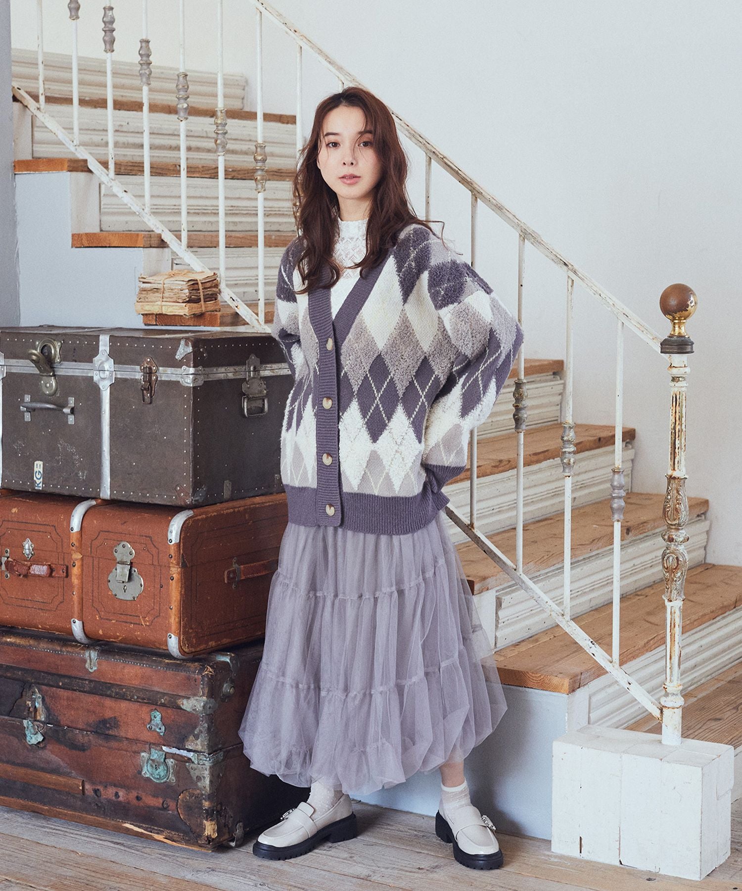 earth music&ecology loop knit argyle cardigan