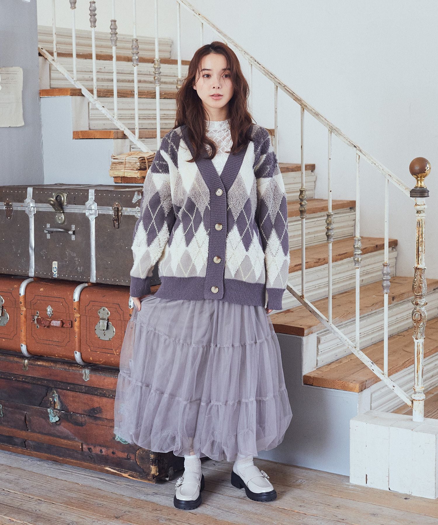 earth music&ecology loop knit argyle cardigan