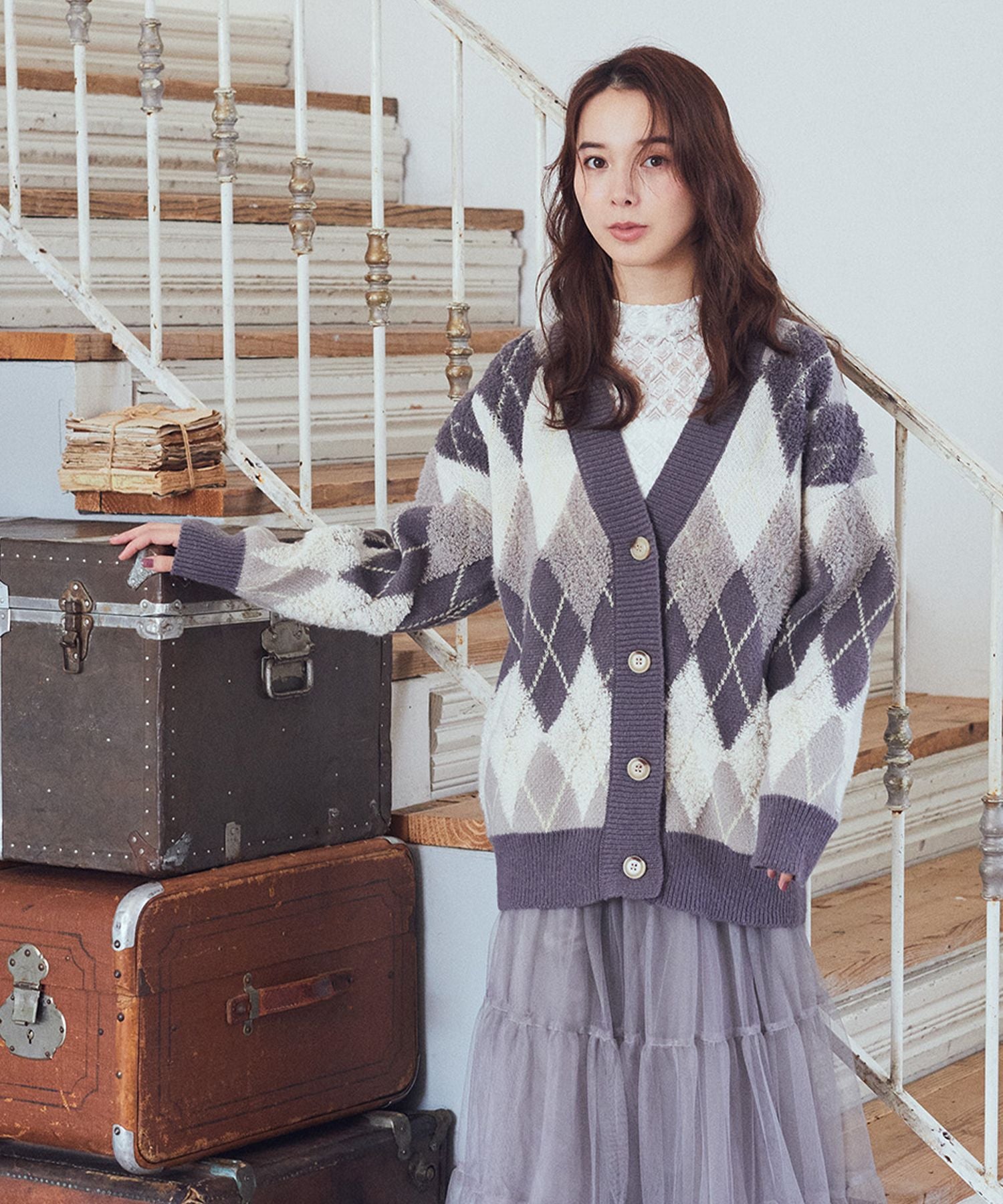 earth music&ecology loop knit argyle cardigan