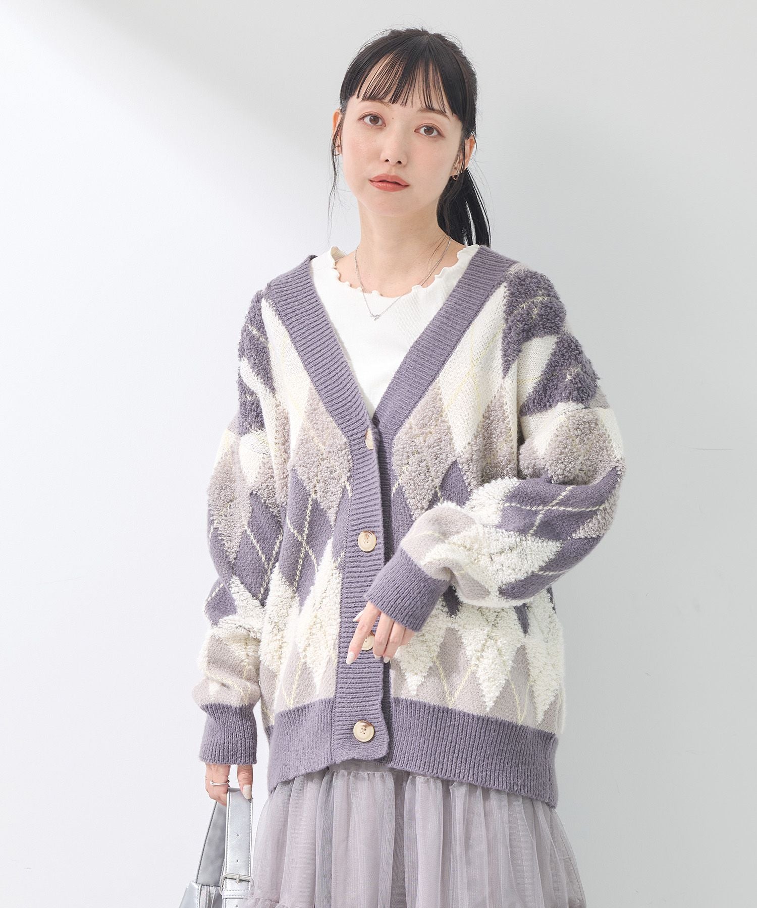 earth music&ecology loop knit argyle cardigan