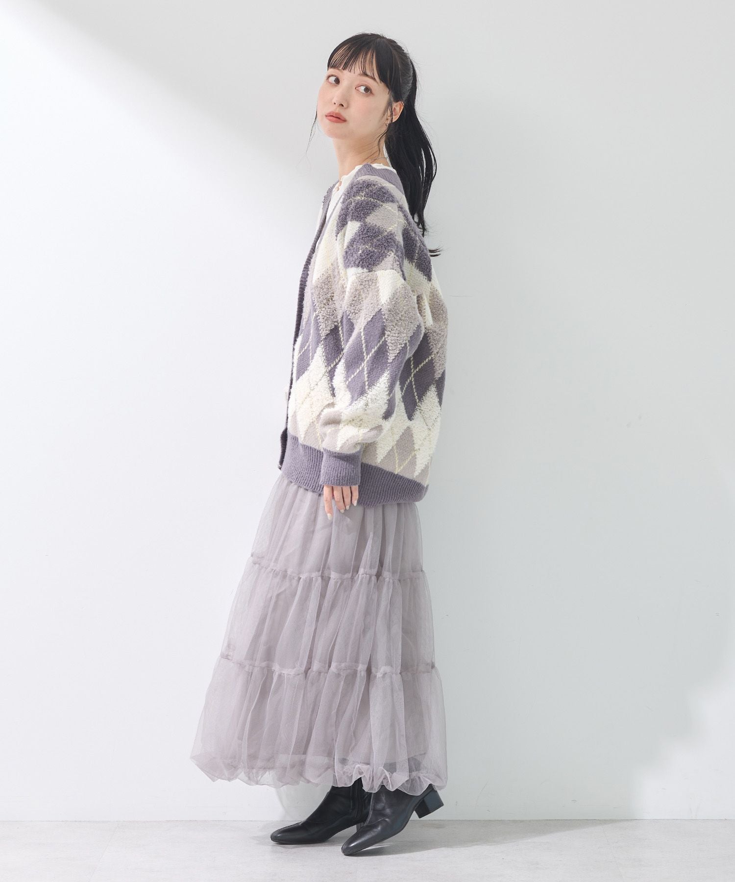 earth music&ecology loop knit argyle cardigan