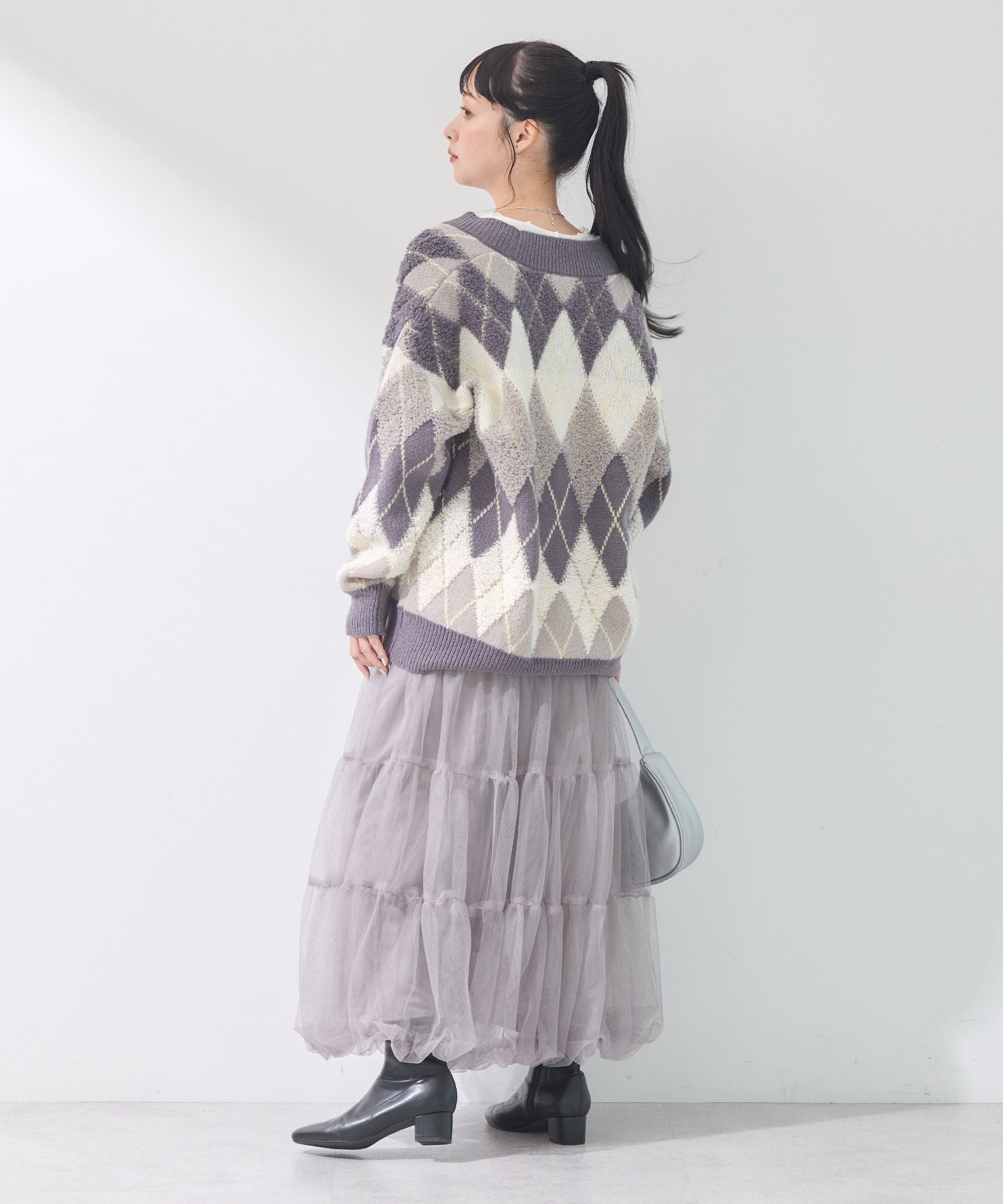 earth music&ecology loop knit argyle cardigan