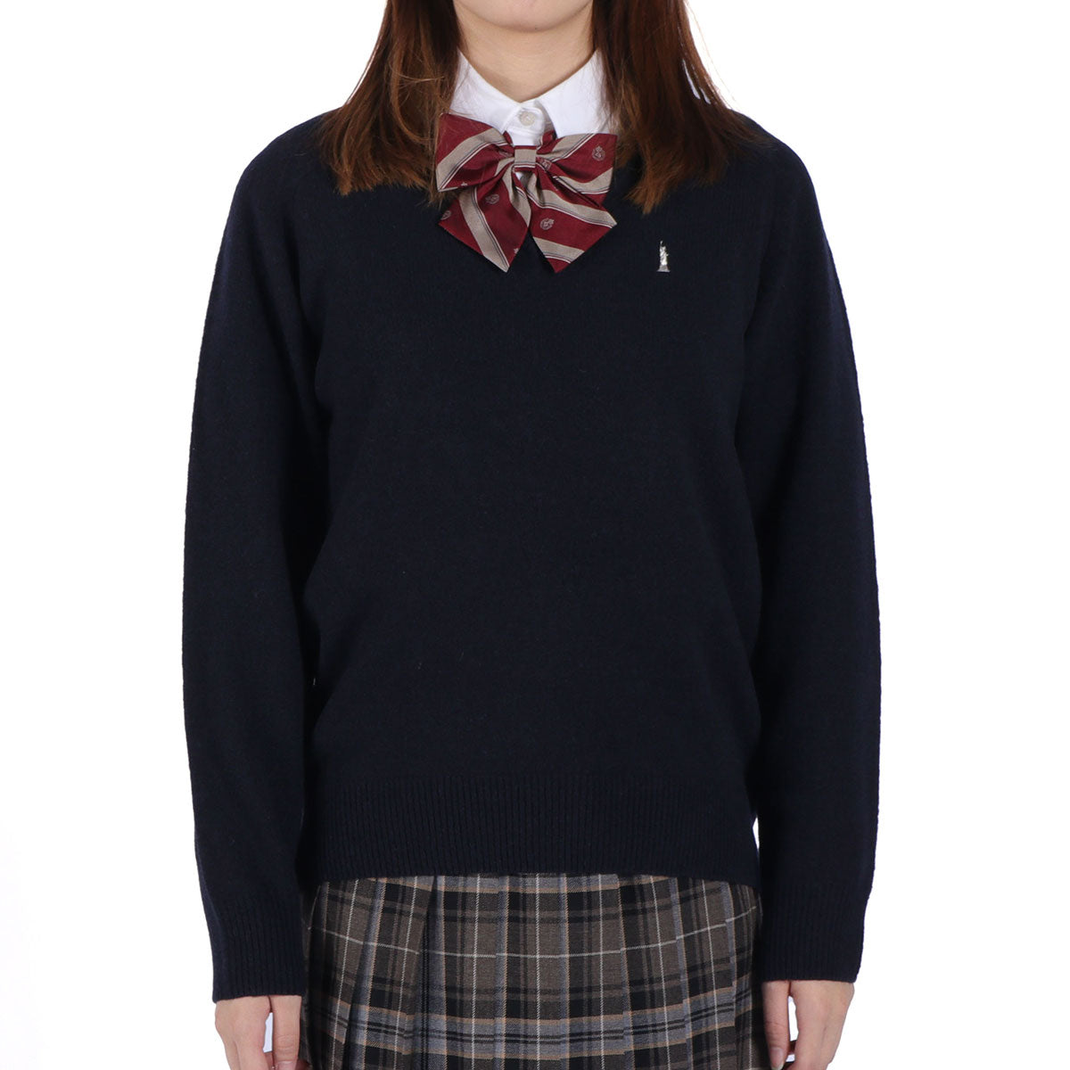 イーストボーイ EAST BOY セーター レディース 学生 制服 秋冬 秋 冬 薄手 かわいい Vネック 紺色 紺 白 ラムウール ウール 女神刺繍 長袖 スクール 定番 通学 女子 女子高生 ラムウールセーター7G 5216502 （ブラック） ブラック