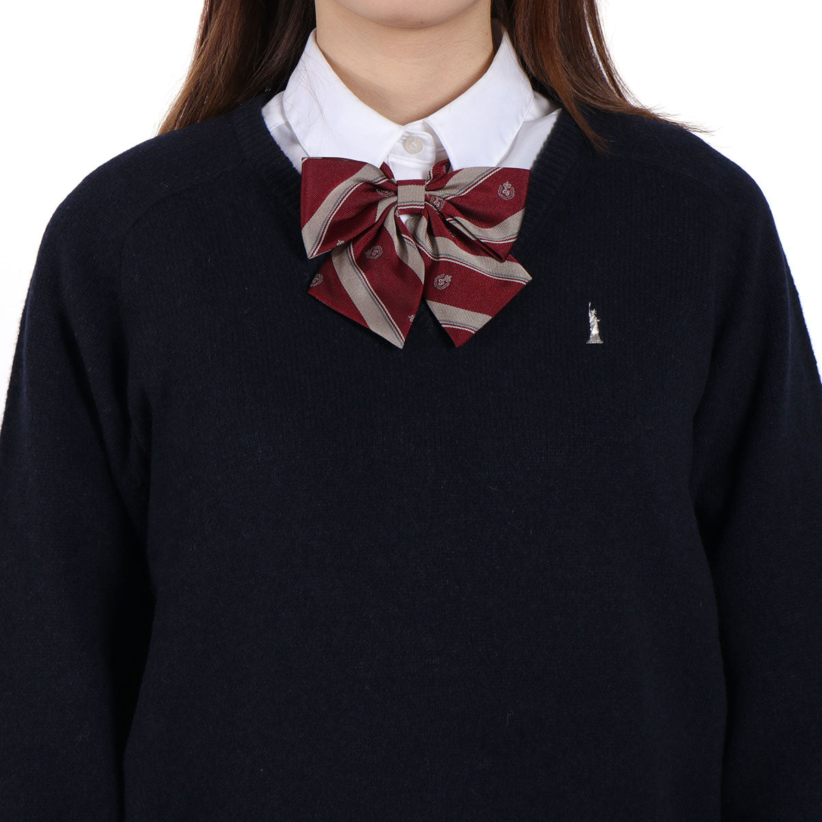イーストボーイ EAST BOY セーター レディース 学生 制服 秋冬 秋 冬 薄手 かわいい Vネック 紺色 紺 白 ラムウール ウール 女神刺繍 長袖 スクール 定番 通学 女子 女子高生 ラムウールセーター7G 5216502 （ブラック） ブラック
