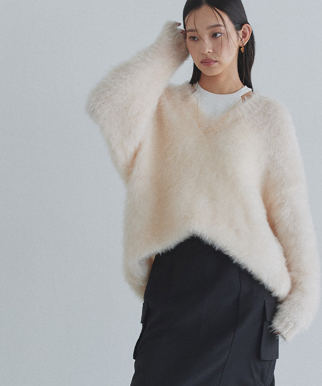 クラム ECLAM シャギーVネックニット （アイボリー） アイボリー