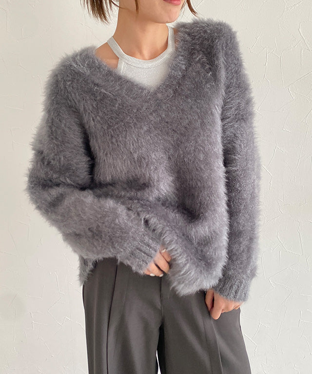 クラム ECLAM シャギーVネックニット （アイボリー） アイボリー