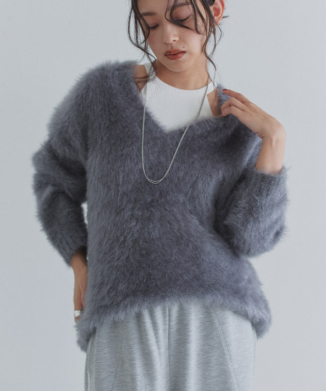 クラム ECLAM シャギーVネックニット （グレー） グレー