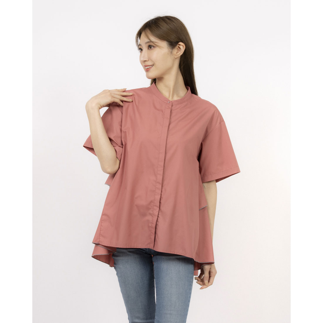 エグランティーヌ EGLANTINE ノーカラーバックフレアブラウス ゆったりシルエット （ネイビー） ネイビー