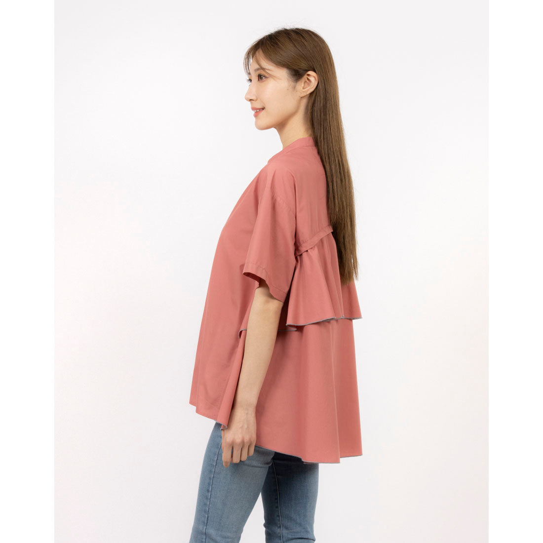 エグランティーヌ EGLANTINE ノーカラーバックフレアブラウス ゆったりシルエット （ネイビー） ネイビー
