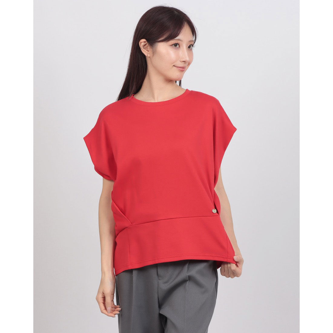 エグランティーヌ EGLANTINE 裾切替デザイン 立体シルエット フレンチスリーブカットソー （レッド） レッド