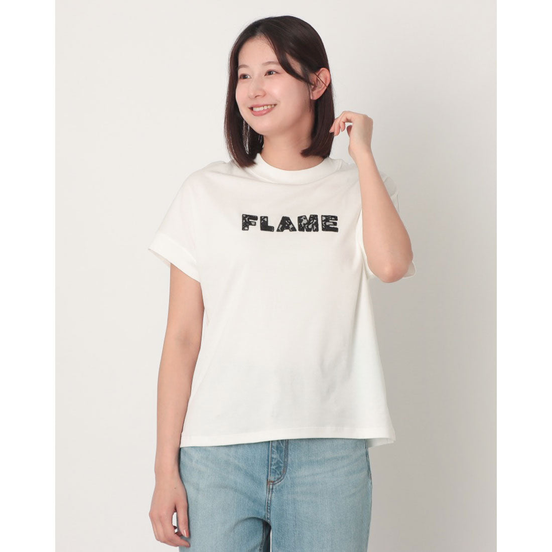 エグランティーヌ EGLANTINE レースロゴ刺繍半袖Tシャツ【日本製】ローズペトール （ブルー） ブルー