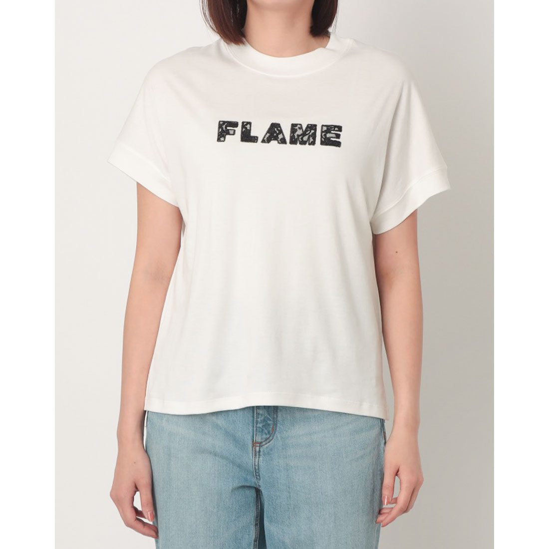 エグランティーヌ EGLANTINE レースロゴ刺繍半袖Tシャツ【日本製】ローズペトール （ブルー） ブルー