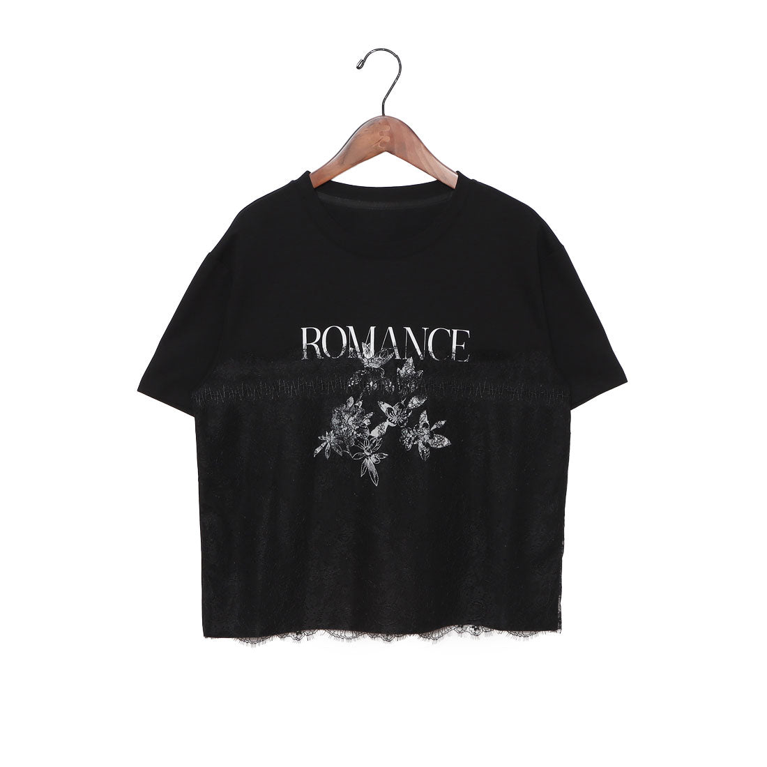 エグランティーヌ EGLANTINE レースドッキングプリント半袖Tシャツ （ブラック） ブラック
