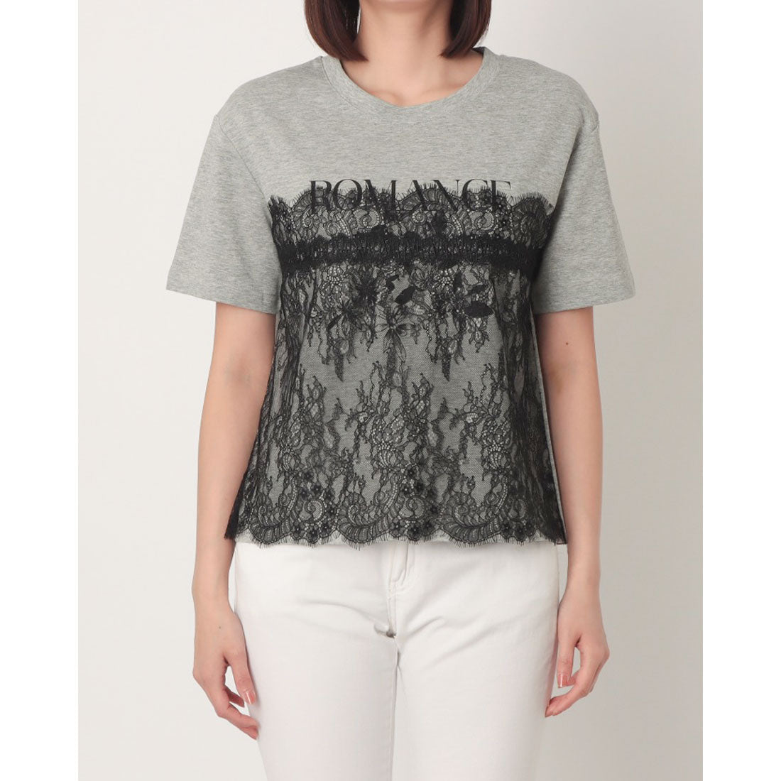 エグランティーヌ EGLANTINE レースドッキングプリント半袖Tシャツ （ブラック） ブラック