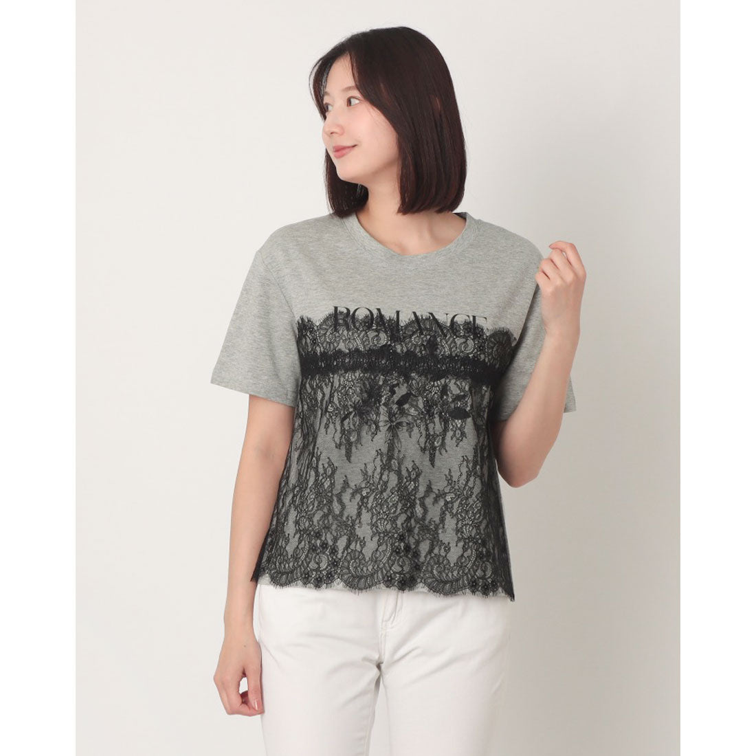 エグランティーヌ EGLANTINE レースドッキングプリント半袖Tシャツ （グレー） グレー