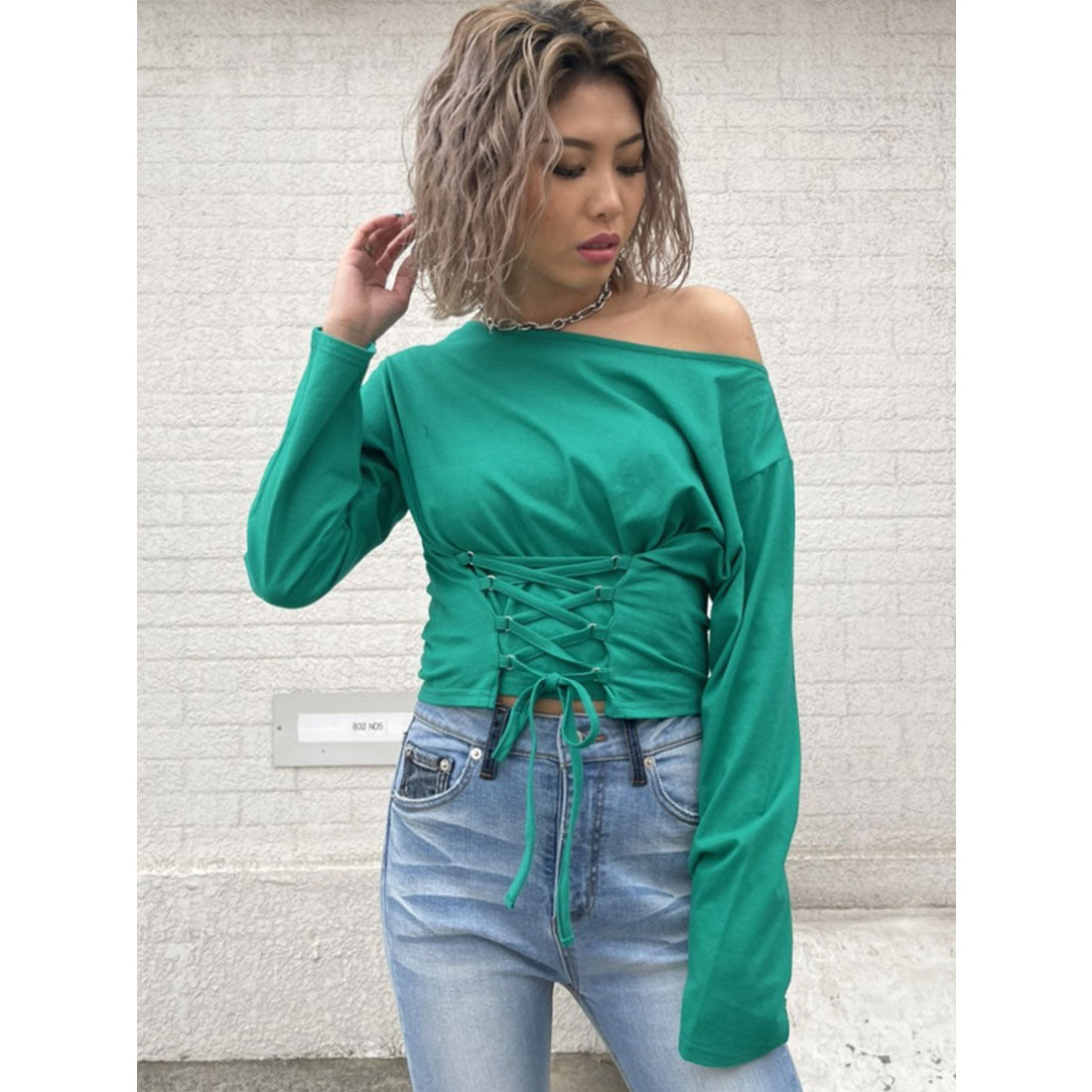 エゴイスト EGOIST ウエストレースアップトップス,GREEN