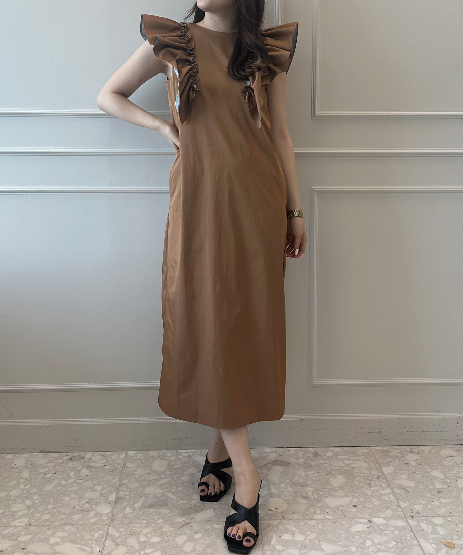 エイミーイストワール EIMY ISTOIRE ツートーンフリルロングワンピース （NAVY） NAVY