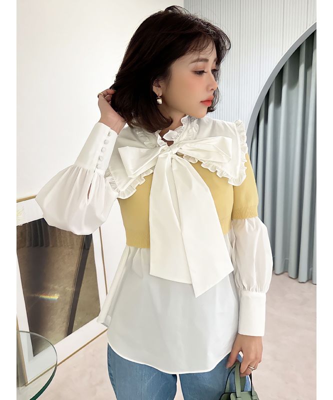 eimy istoire Frill Color Shirt Set Short Knit Pullover