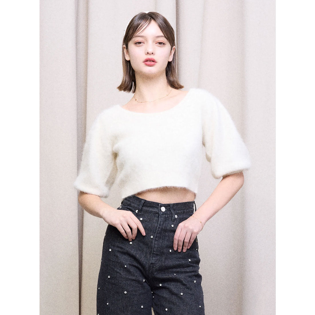 エイミーイストワール eimy istoire FOXニット半袖プル,WHITE
