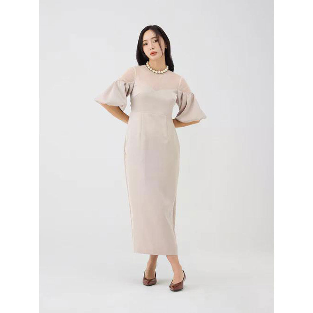 エイミーイストワール EIMY ISTOIRE バルーンスリーブチュールパネルドレス （BEIGE） BEIGE