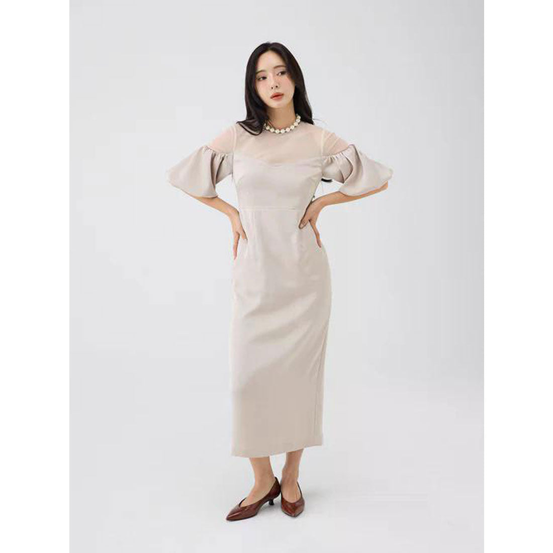 エイミーイストワール EIMY ISTOIRE バルーンスリーブチュールパネルドレス （BEIGE） BEIGE