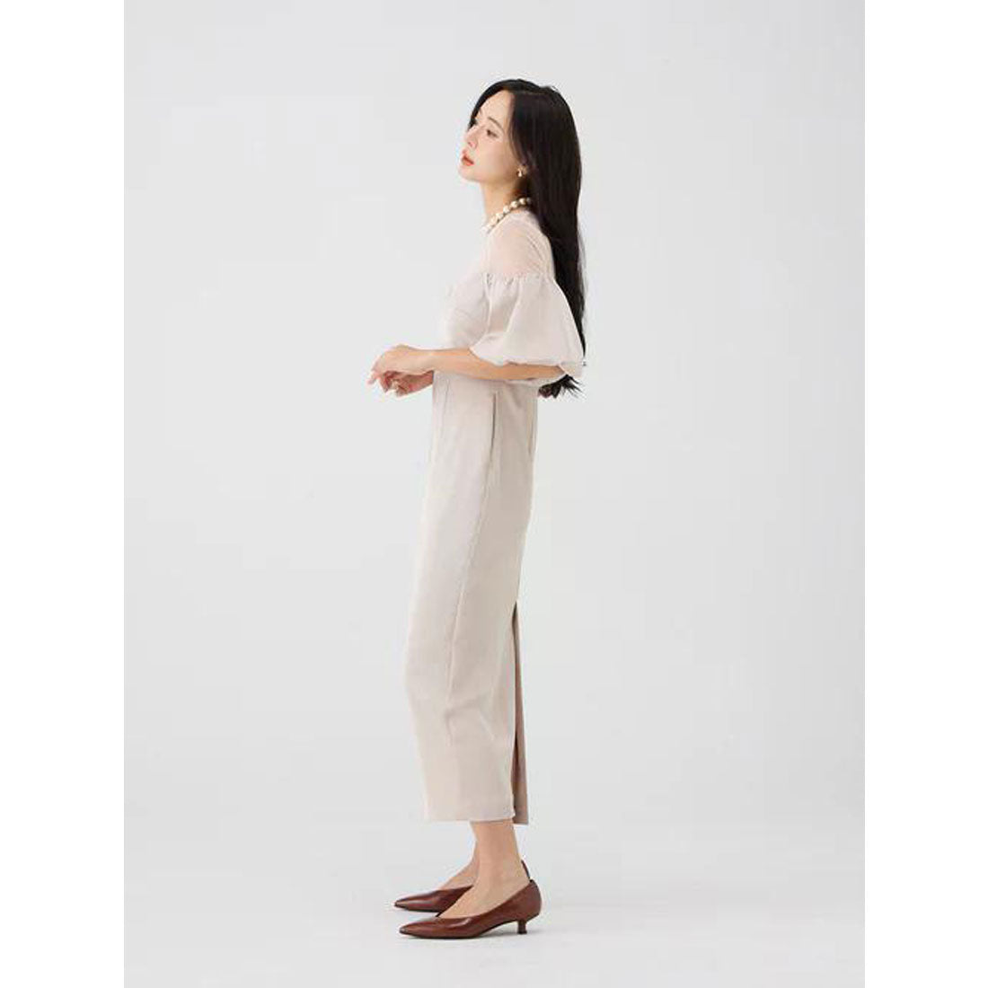 エイミーイストワール EIMY ISTOIRE バルーンスリーブチュールパネルドレス （BEIGE） BEIGE