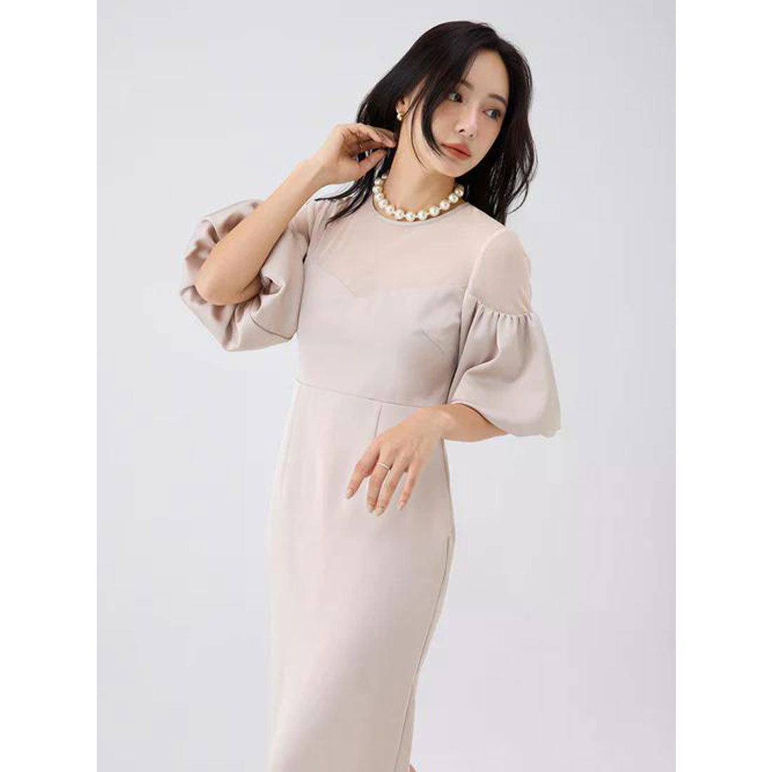 エイミーイストワール EIMY ISTOIRE バルーンスリーブチュールパネルドレス （BEIGE） BEIGE