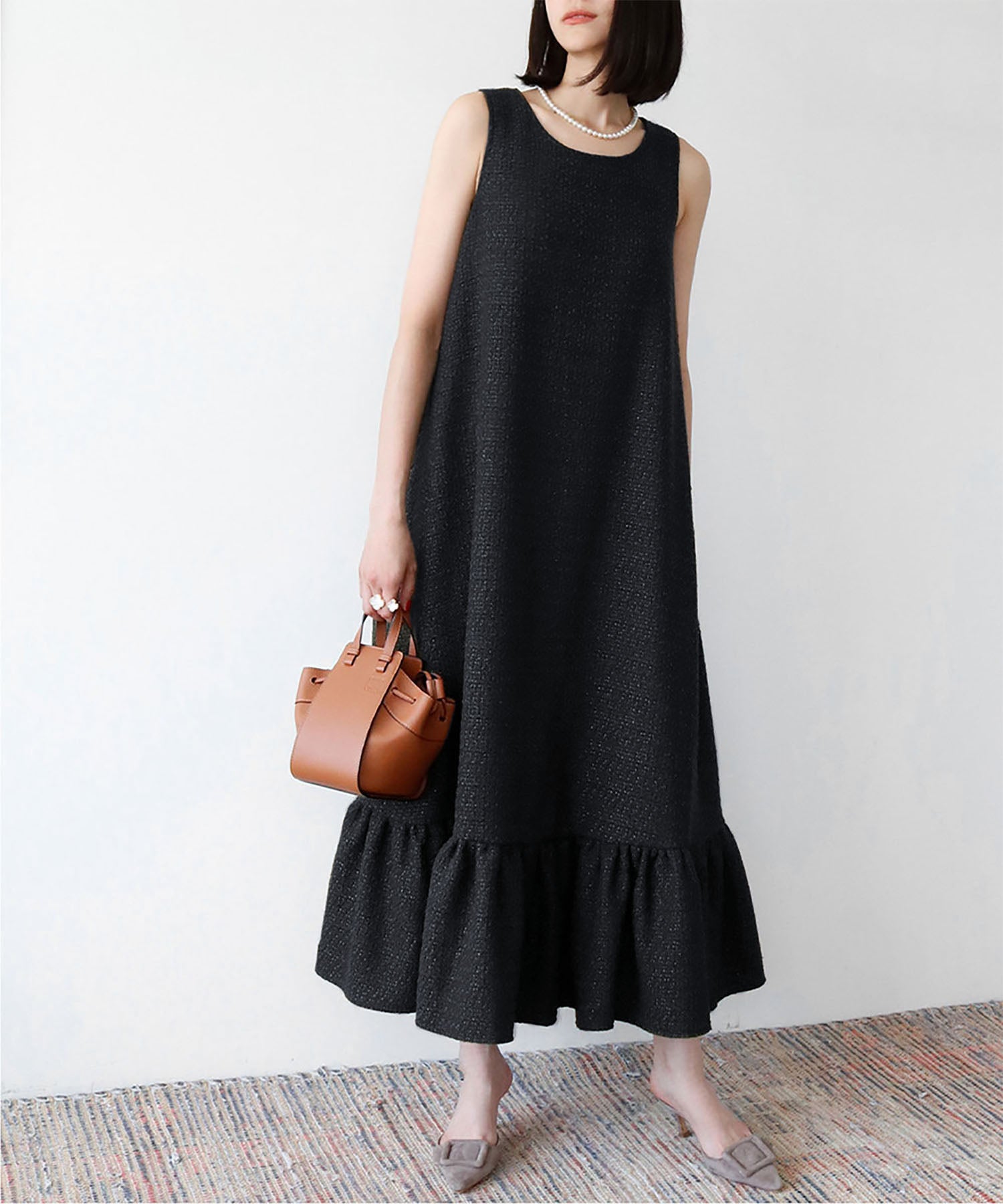 ELFRANK Tweed hem tiered A-line long dress