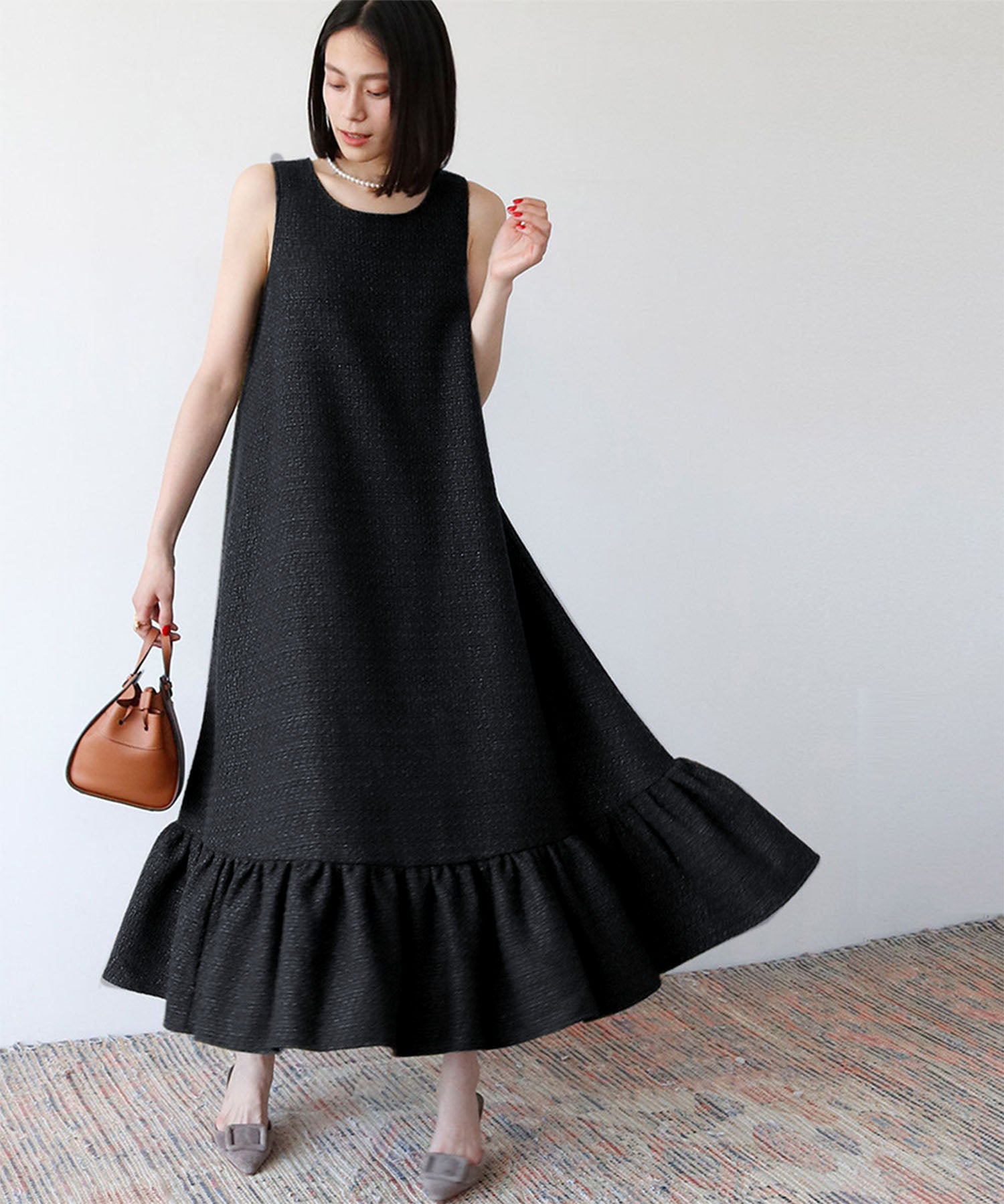 ELFRANK Tweed hem tiered A-line long dress