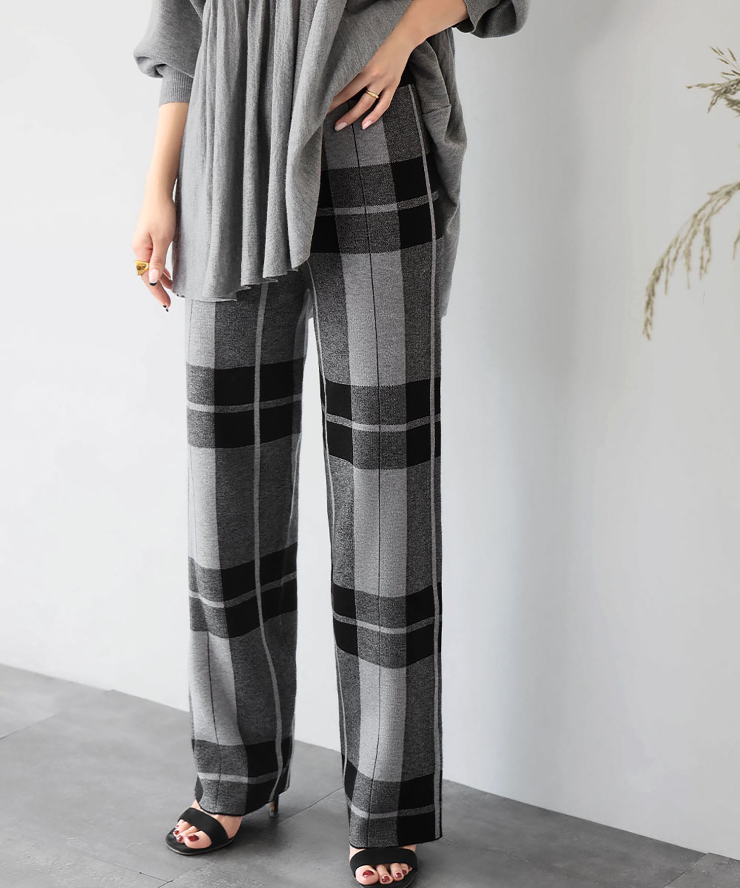 エルフランク ELFRANK チェックニットワイドパンツ （グレーブラック） グレーブラック