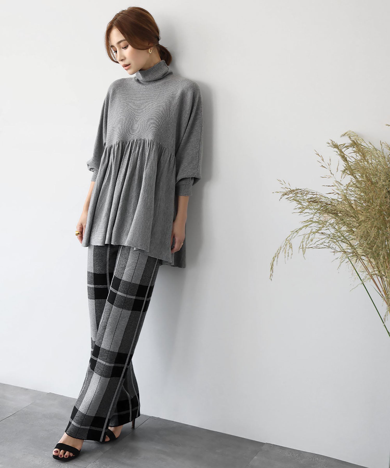 エルフランク ELFRANK チェックニットワイドパンツ （グレーブラック） グレーブラック