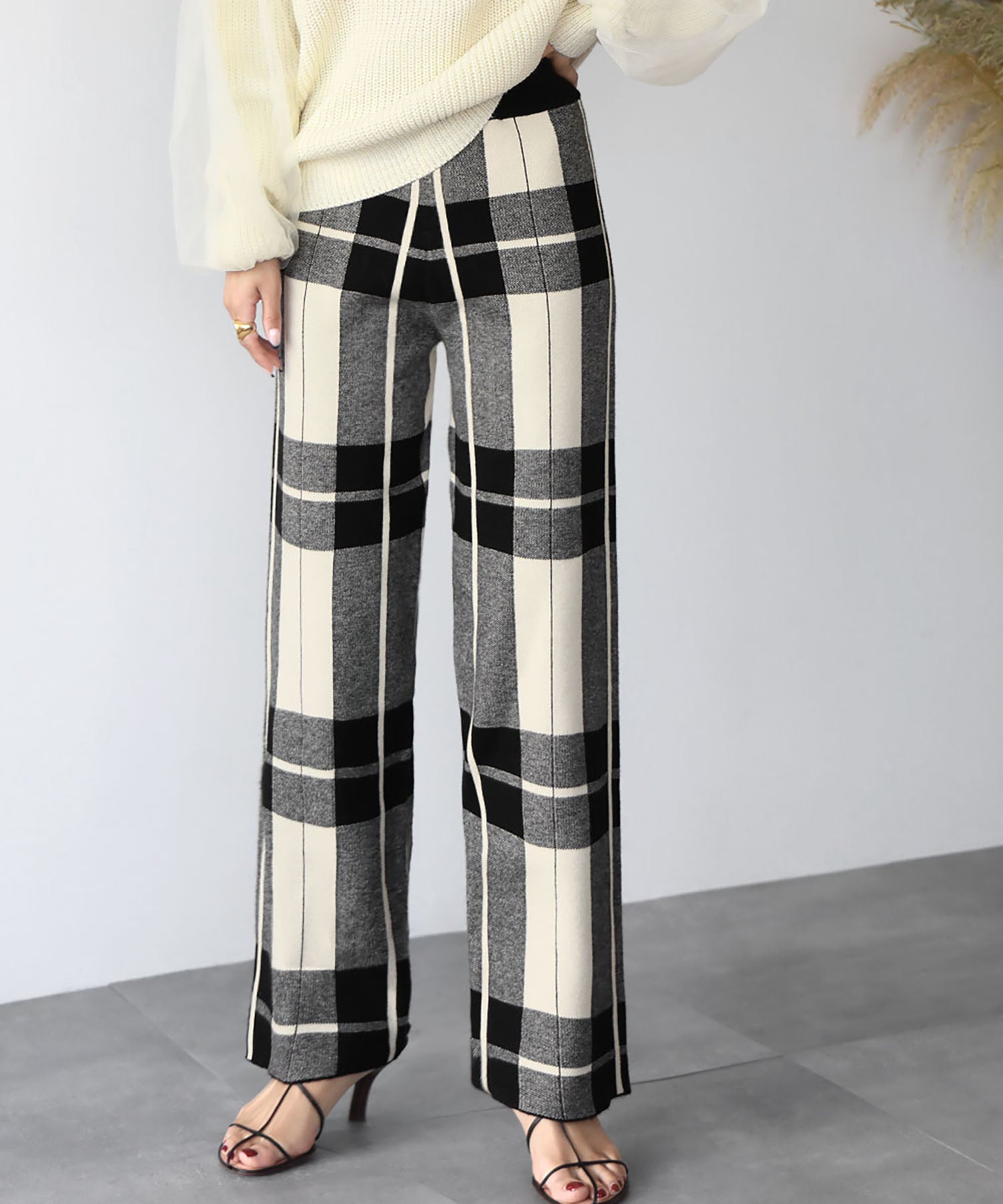 エルフランク ELFRANK チェックニットワイドパンツ （オフホワイトブラック） オフホワイトブラック