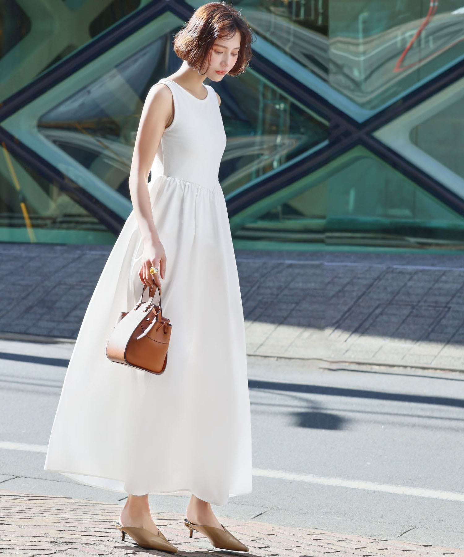 ELFRANK ELFRANK Mixed Material Docking Flare Long Dress 【Washable】