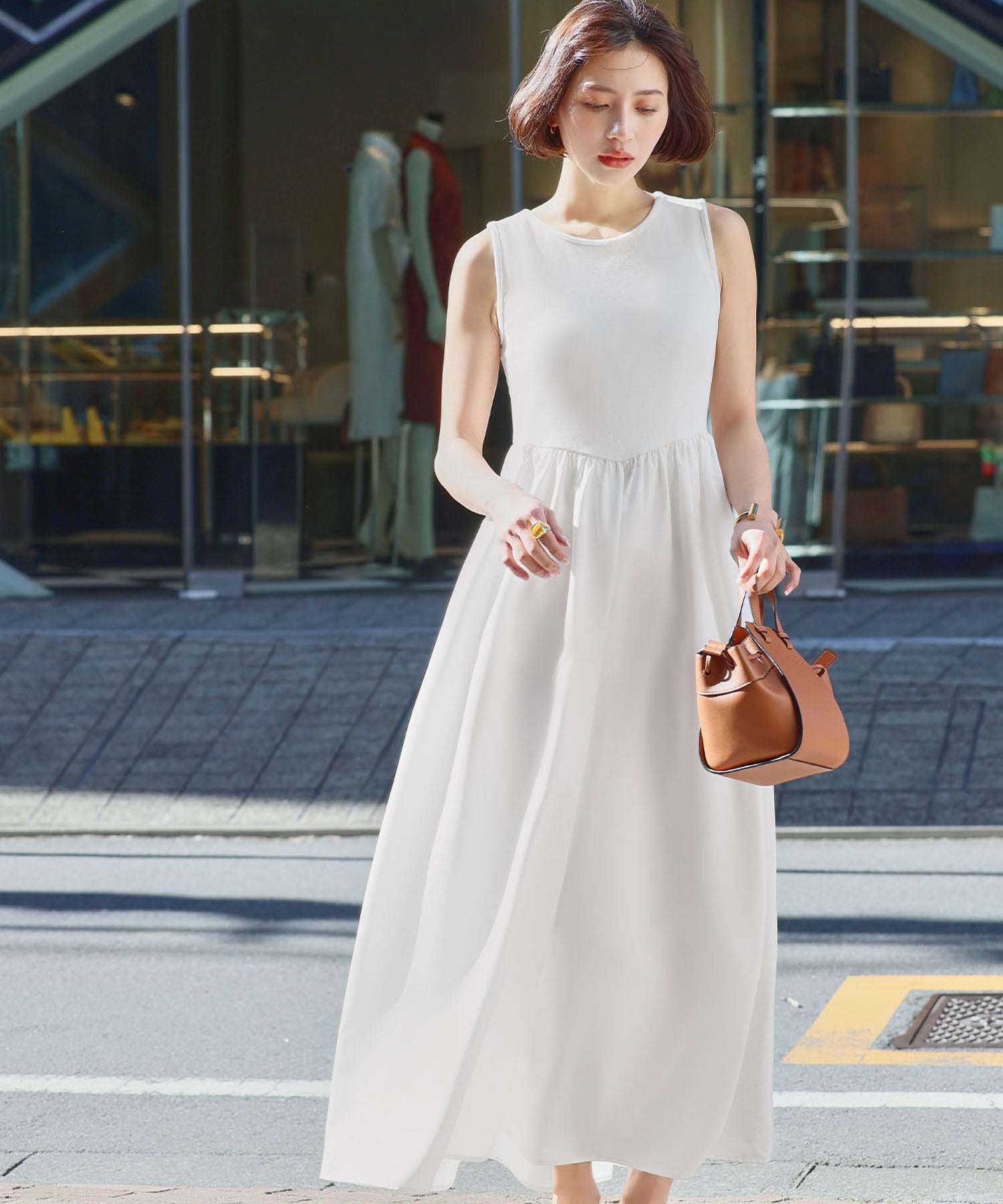 ELFRANK ELFRANK Mixed Material Docking Flare Long Dress 【Washable】