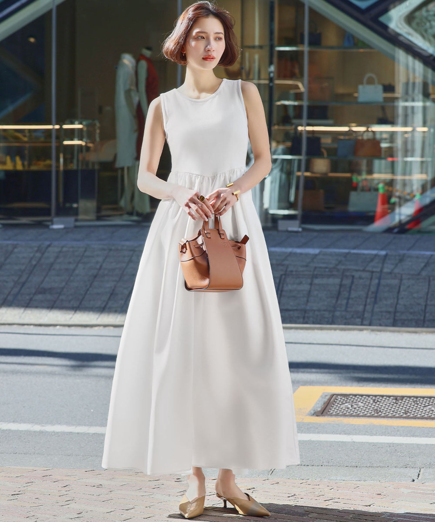 ELFRANK ELFRANK Mixed Material Docking Flare Long Dress 【Washable】