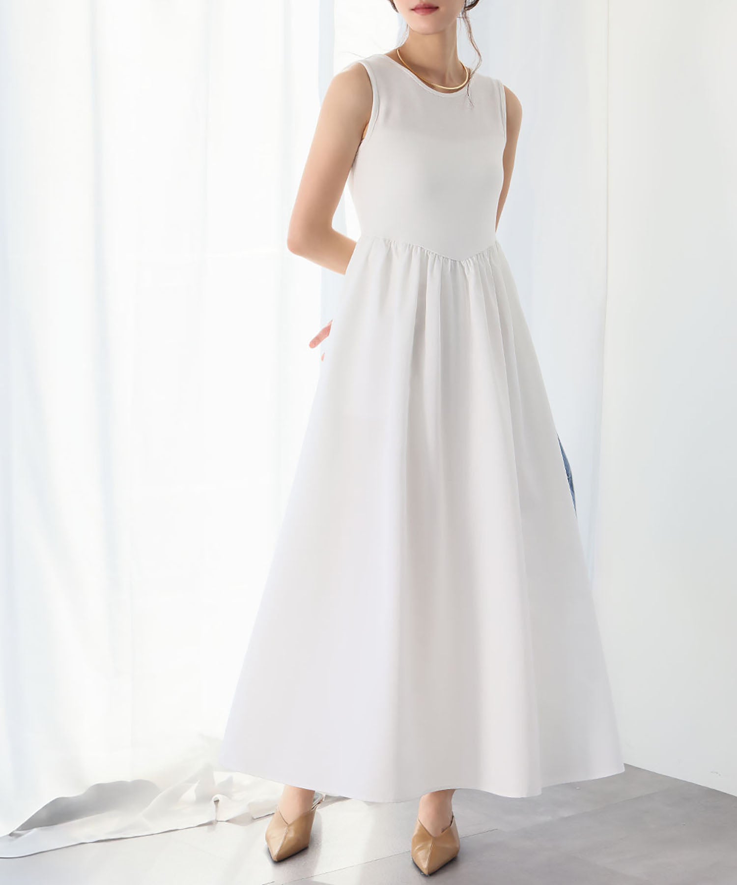 ELFRANK ELFRANK Mixed Material Docking Flare Long Dress 【Washable】