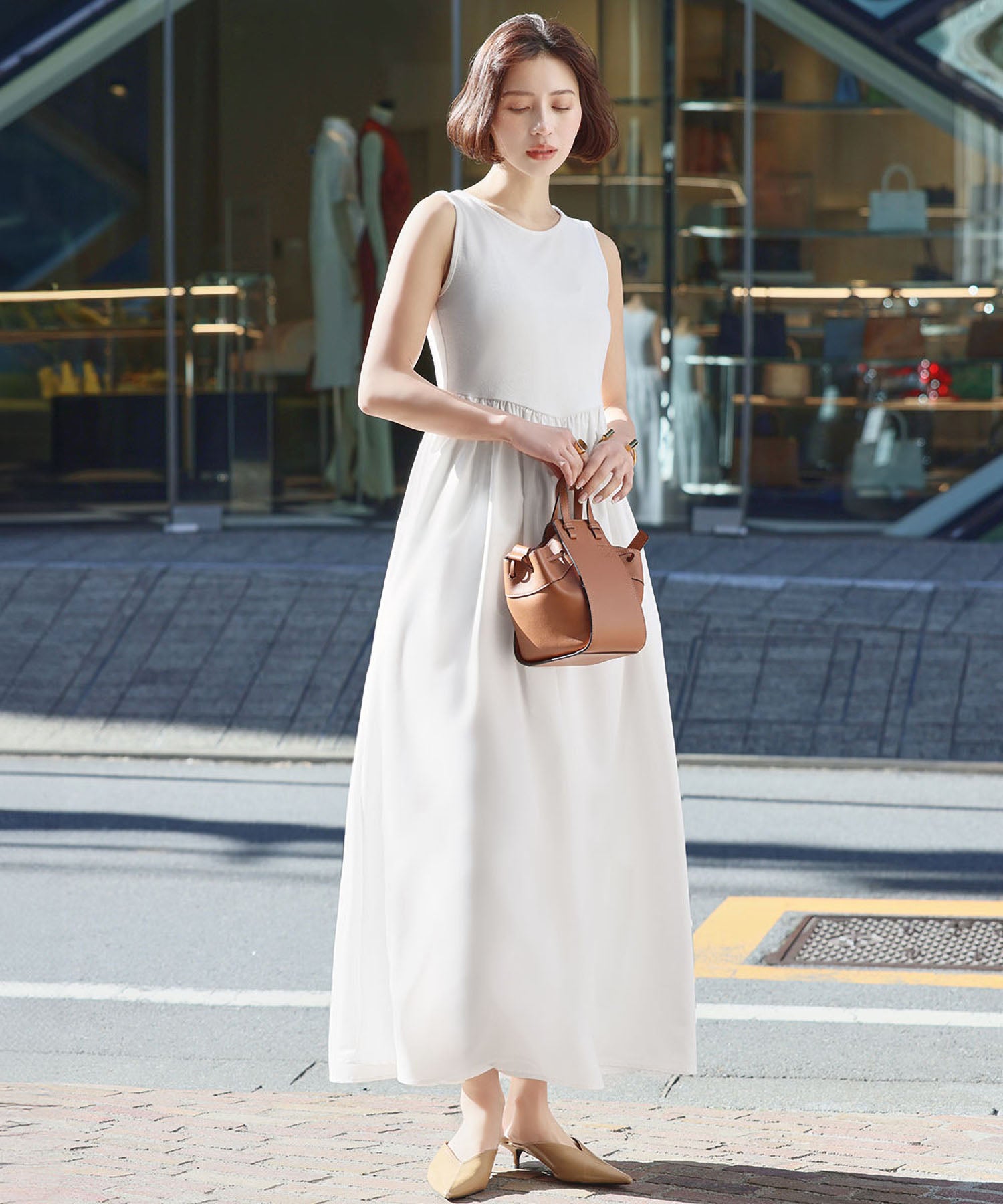ELFRANK ELFRANK Mixed Material Docking Flare Long Dress 【Washable】