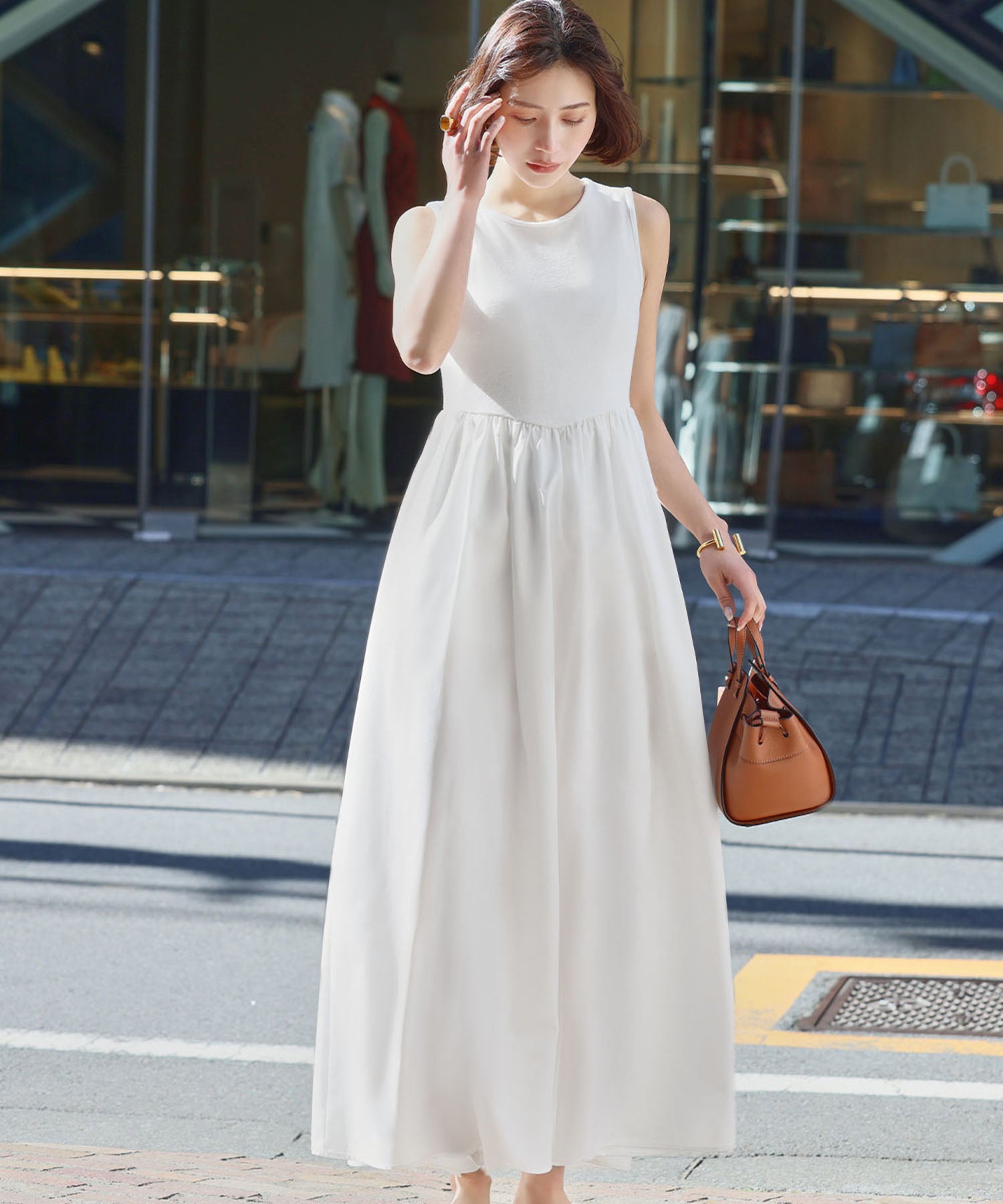ELFRANK ELFRANK Mixed Material Docking Flare Long Dress 【Washable】