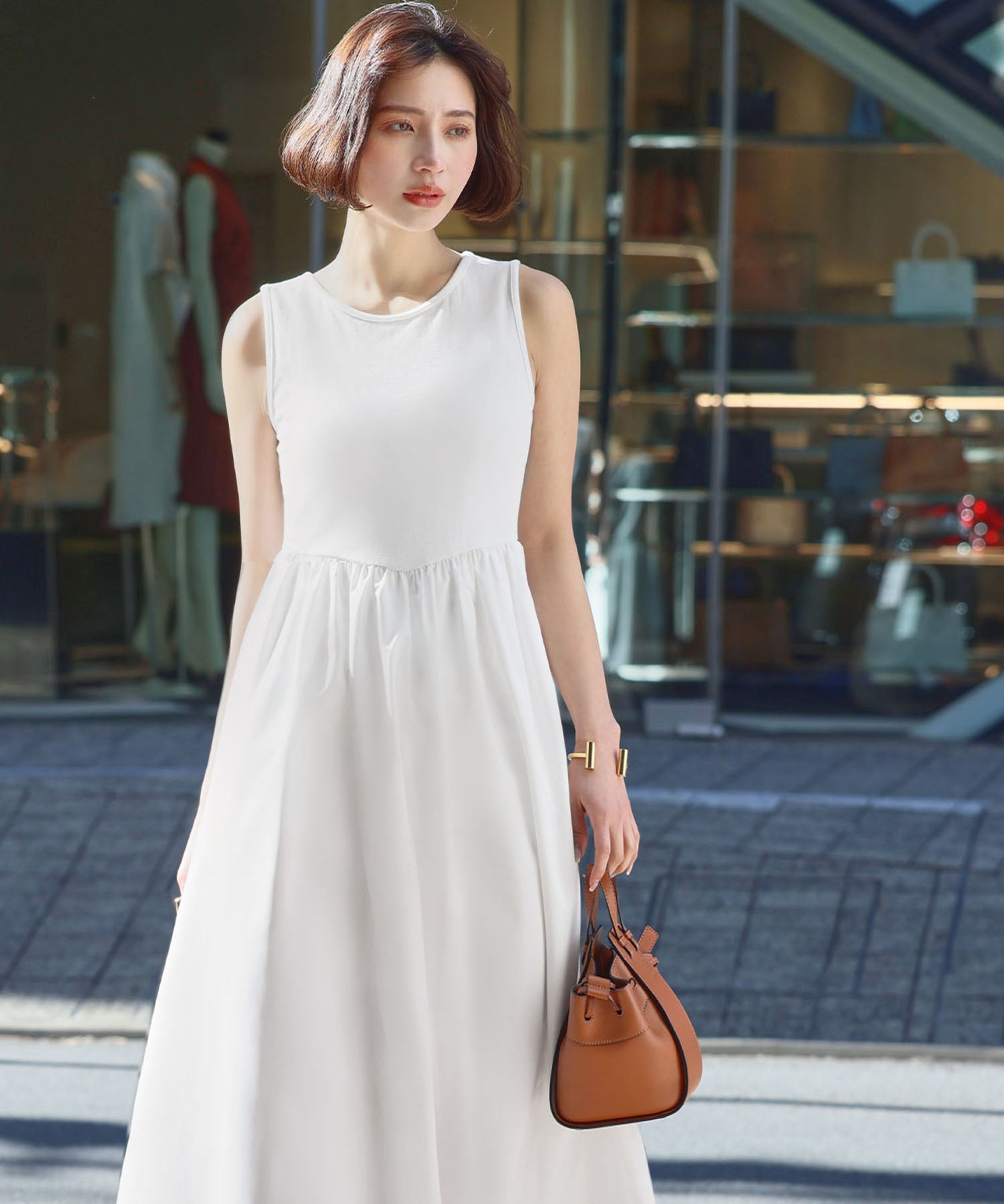 ELFRANK ELFRANK Mixed Material Docking Flare Long Dress 【Washable】