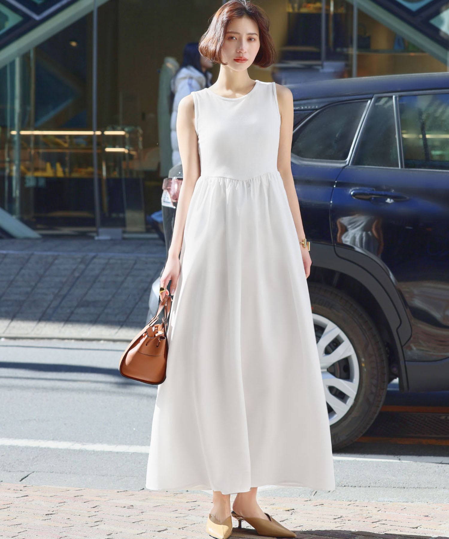 ELFRANK ELFRANK Mixed Material Docking Flare Long Dress 【Washable】