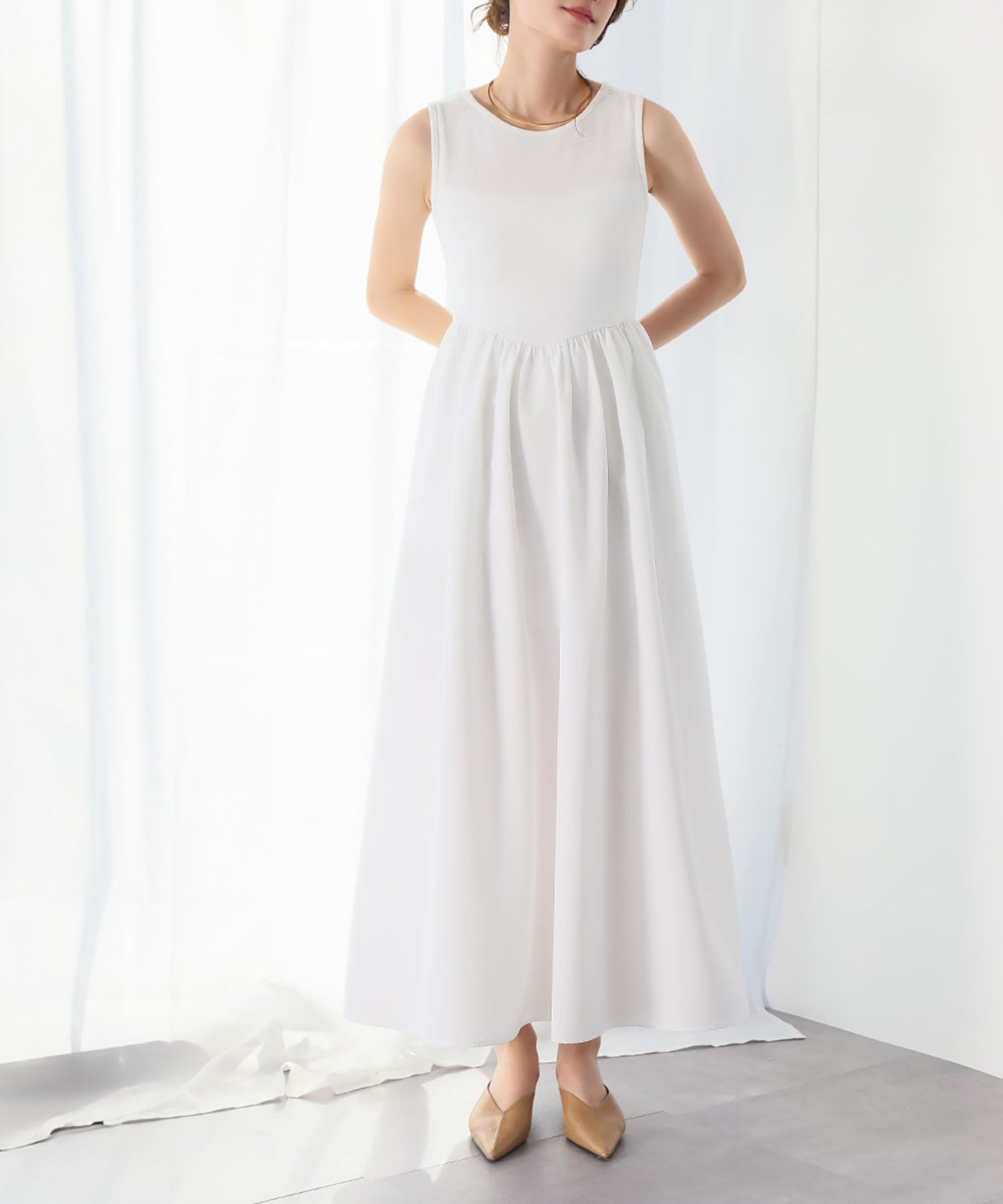 ELFRANK ELFRANK Mixed Material Docking Flare Long Dress 【Washable】